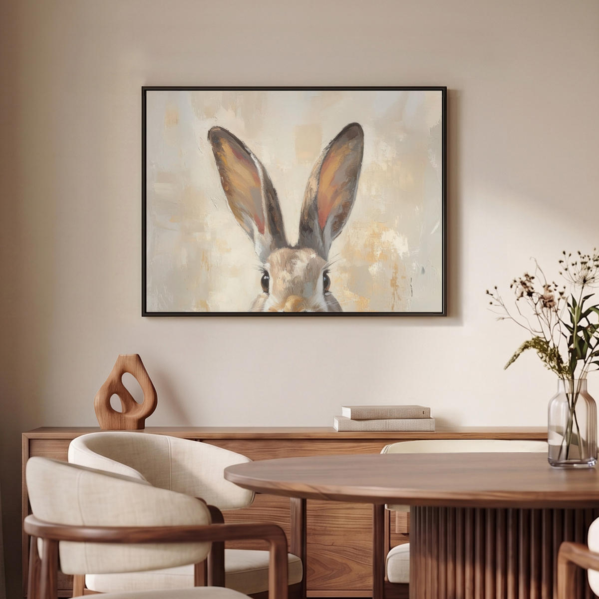 LEINWAND Bilder mit Rahmen - Hase - Ohren - Braun - 80x60 - Beige, Textil (80/60cm) - MuchoWow