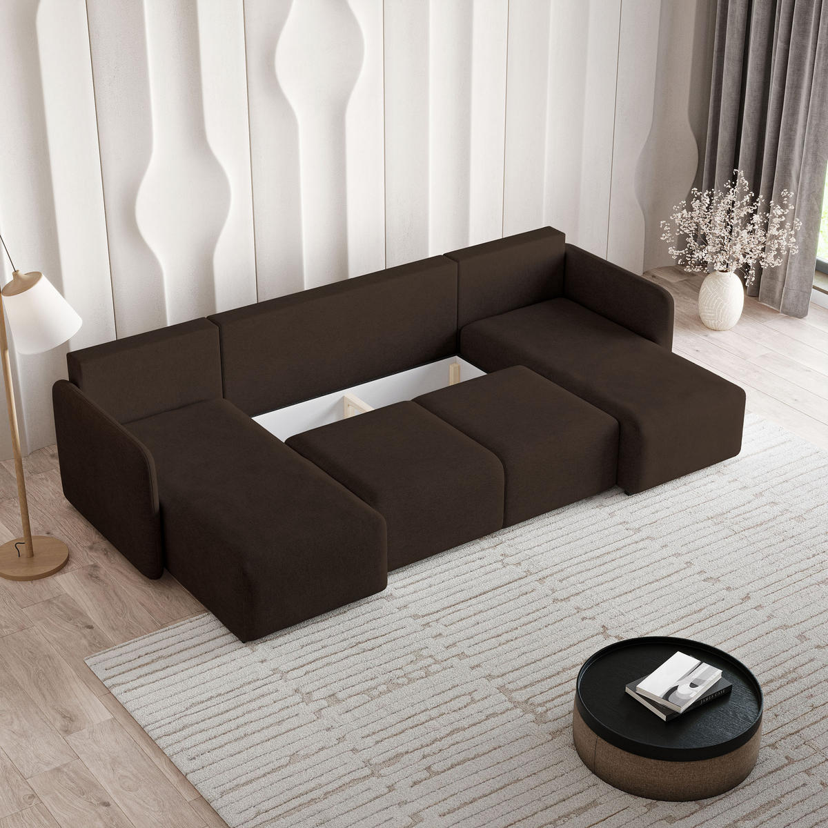 WOHNLANDSCHAFT NUBERO Braun Geflochtener Stoff mit Schlaffunktion - Braun, Holz (285/85/143cm) - MASSENO