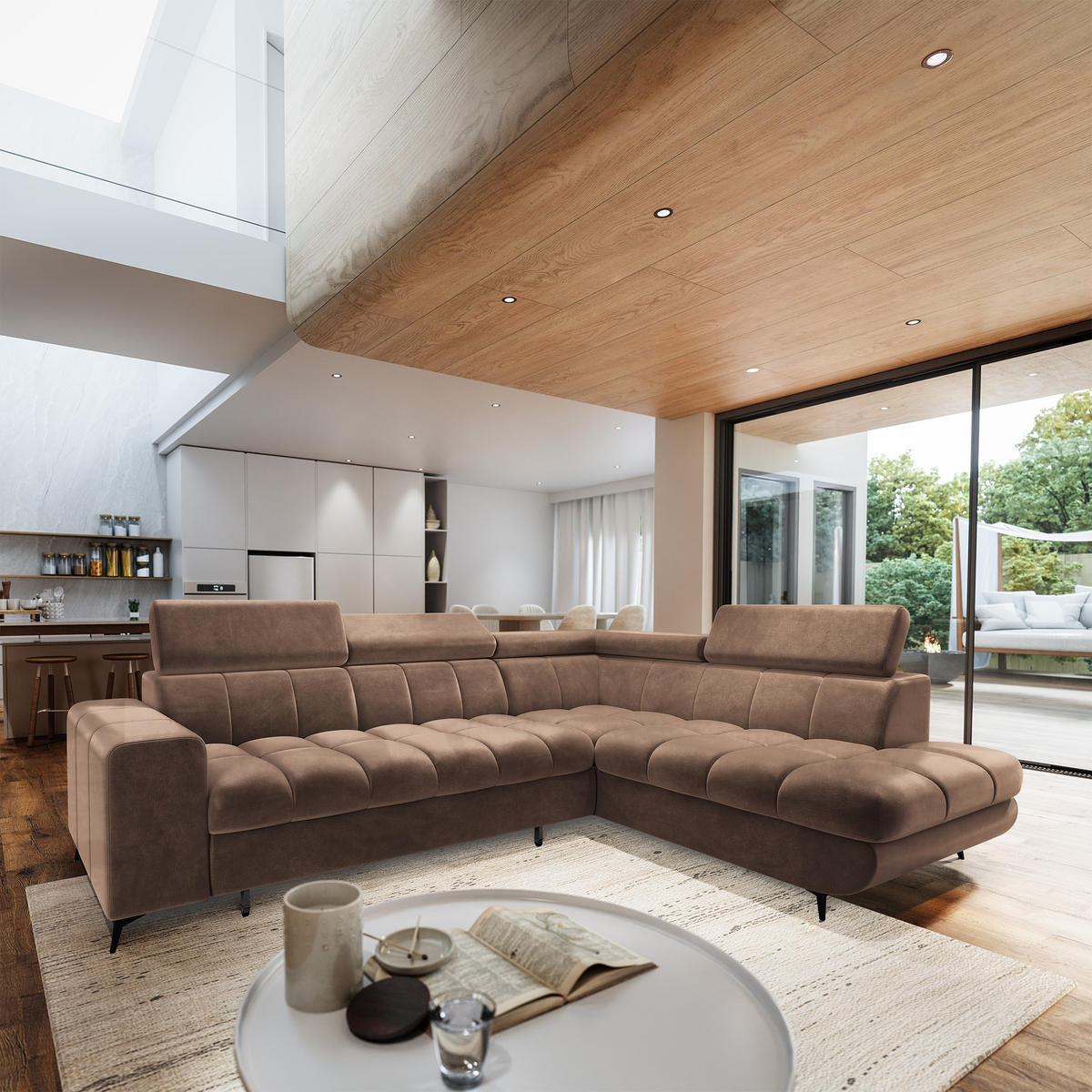 ECKSOFA MORIVA R-S Beige Velours-Stoff mit Schlaffunktion - Beige, Holz (253/190cm) - MASSENO