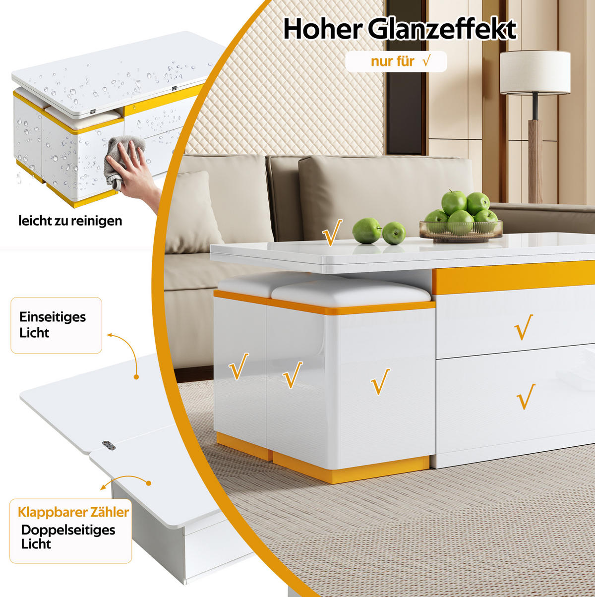 COUCHTISCH 100/50/43 cm höhenverstellbar mit Stauraum und 4 Hockern - Weiß, Holzwerkstoff (100/50/43cm) - Flora Grace