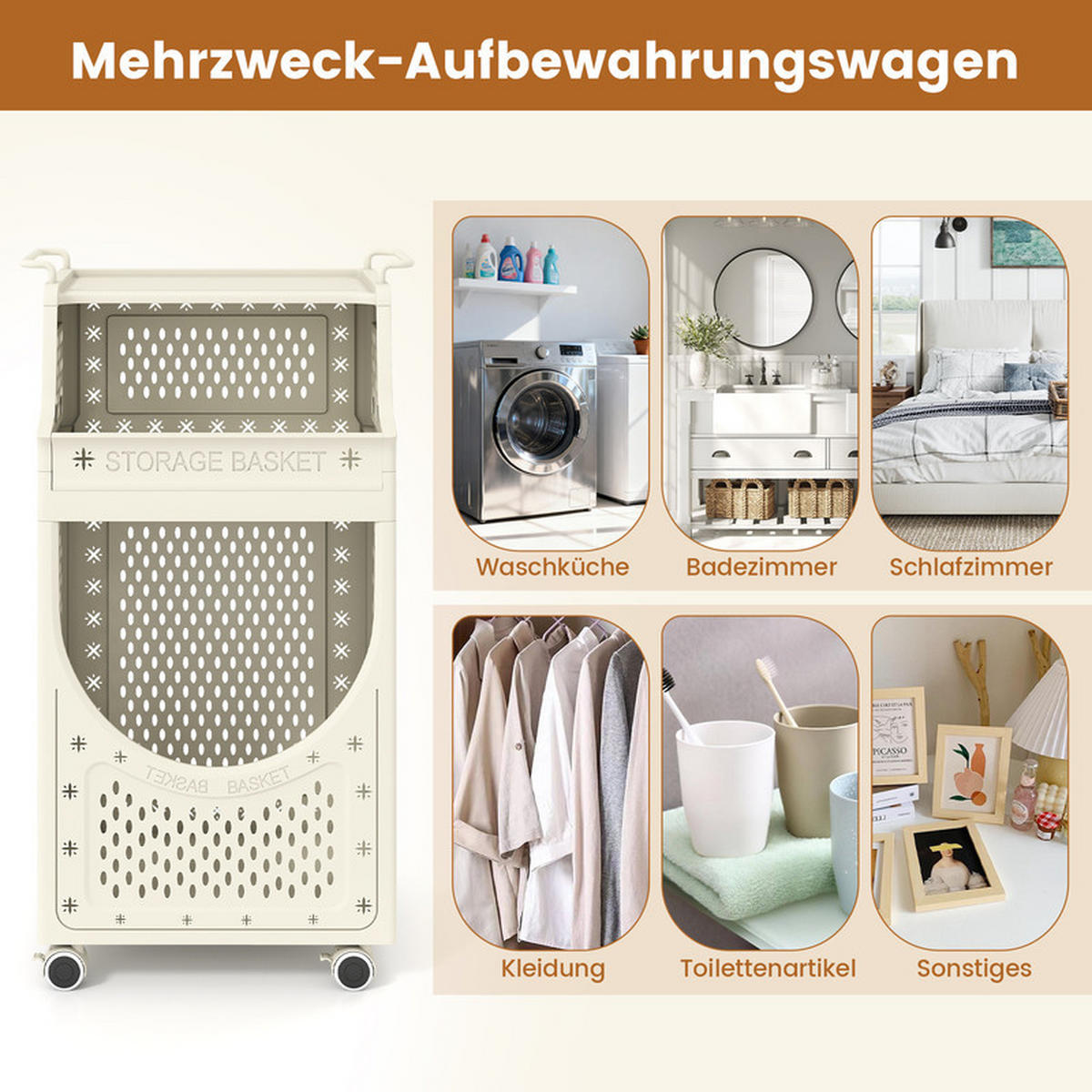 WÄSCHEKORBWAGEN Faltbarer beige - Beige, Kunststoff (40/78/30cm) - COSTWAY