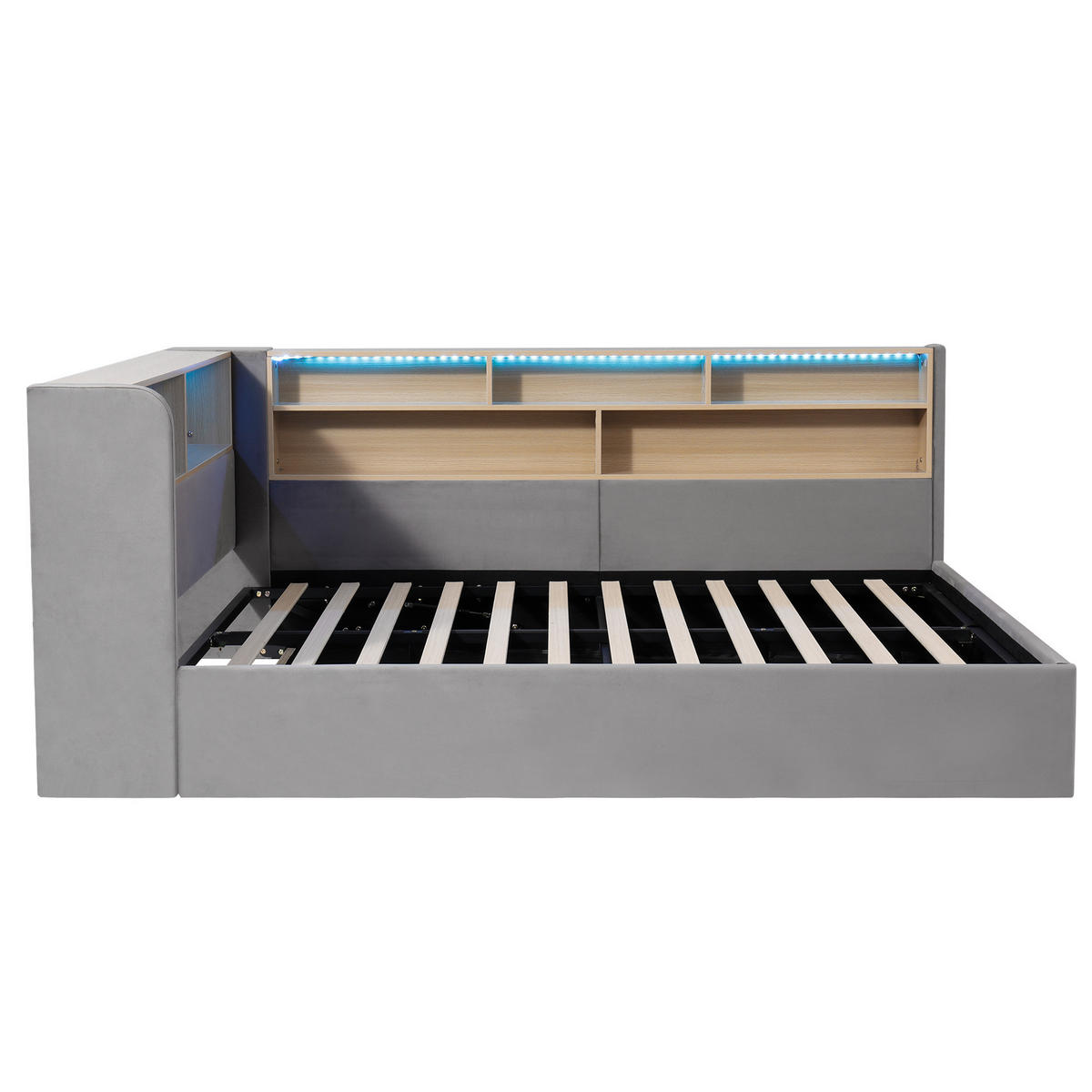 TAGESBETT aus Samt 140x190 cm Grau mit hydraulischem Stauraum, LED-Beleuchtung und USB-C-Anschluss - Grau, Textil (140/190cm) - Modfu