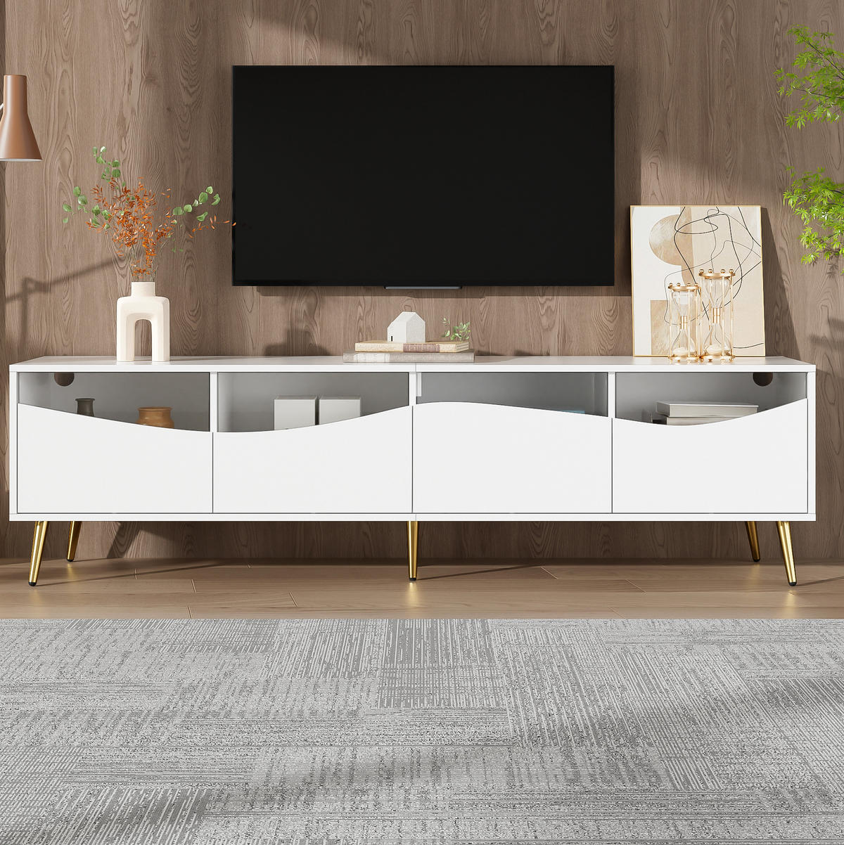 LOWBOARD 180/40/50 cm aus MDF mit LED-Beleuchtung, Glasfront und goldfarbenen Metallfüßen Weiß - Weiß, Holzwerkstoff (180/50/40cm) - Modenvie
