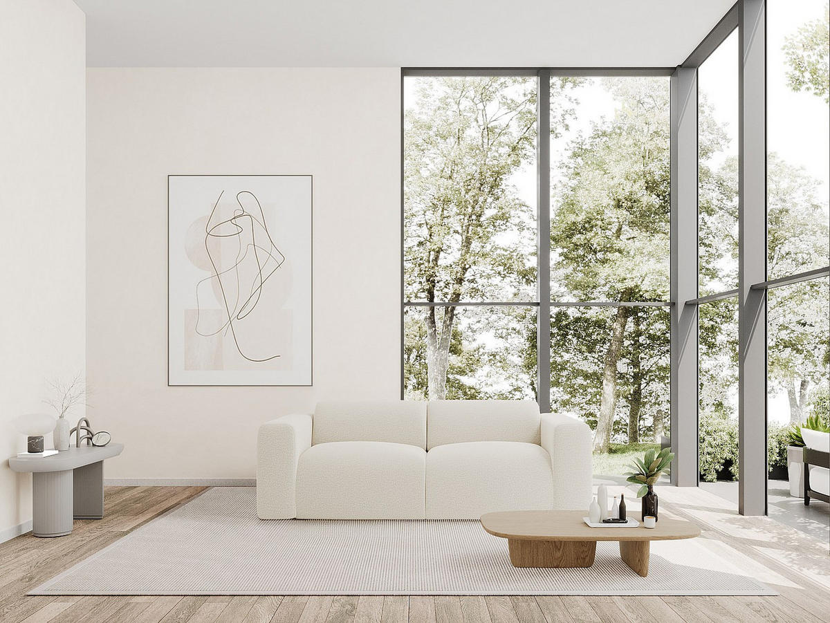 SOFA 3-Sitzer & Hocker - Bouclé-Stoff - Weiß - POGNI - Weiß, Textil (205/73/97cm) - Vente-Unique