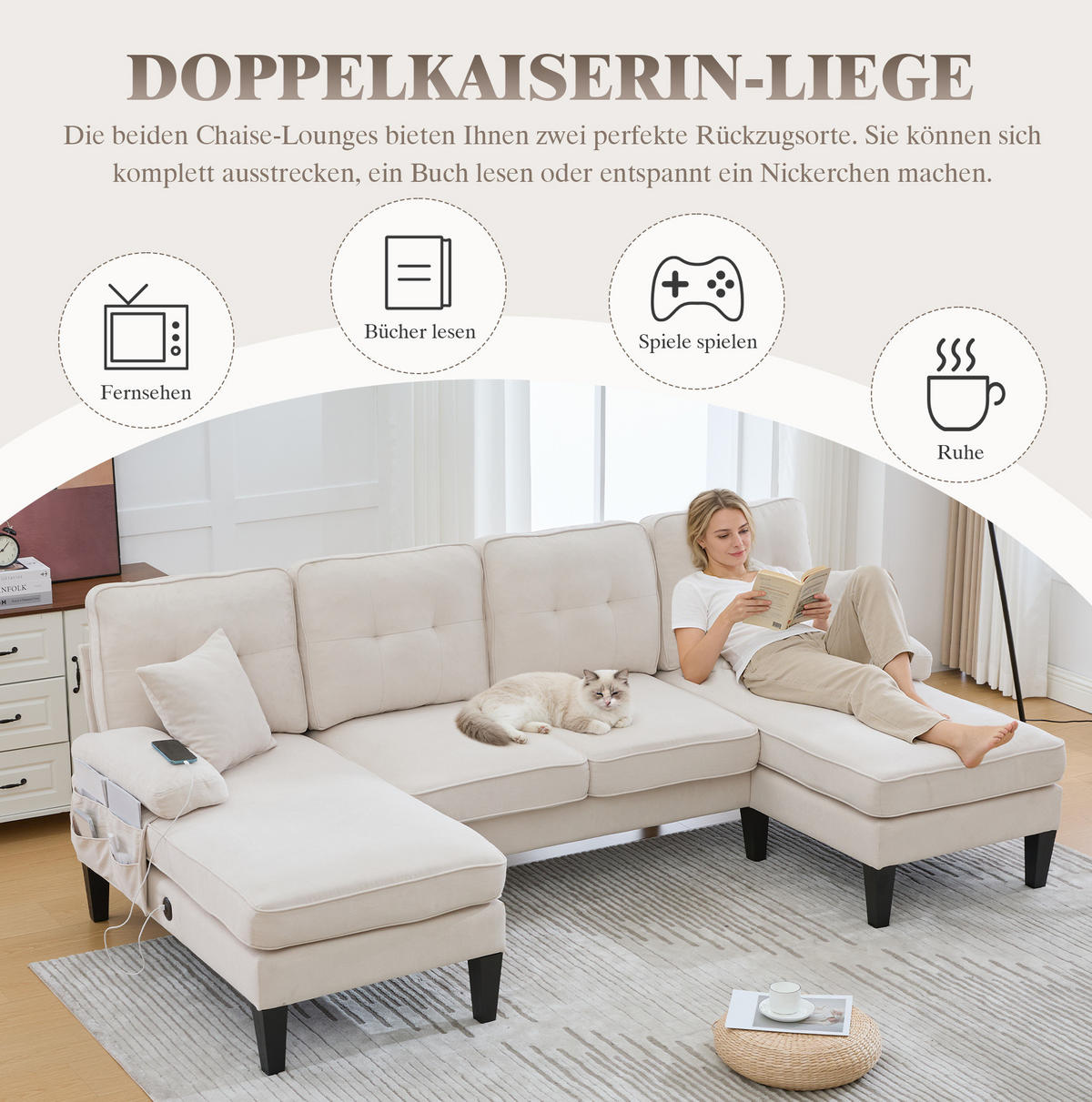 WOHNLANDSCHAFT aus Leinenstoff 250x130x88 cm in Beige mit USB - Beige, Textil (130/88/250cm) - Modfu