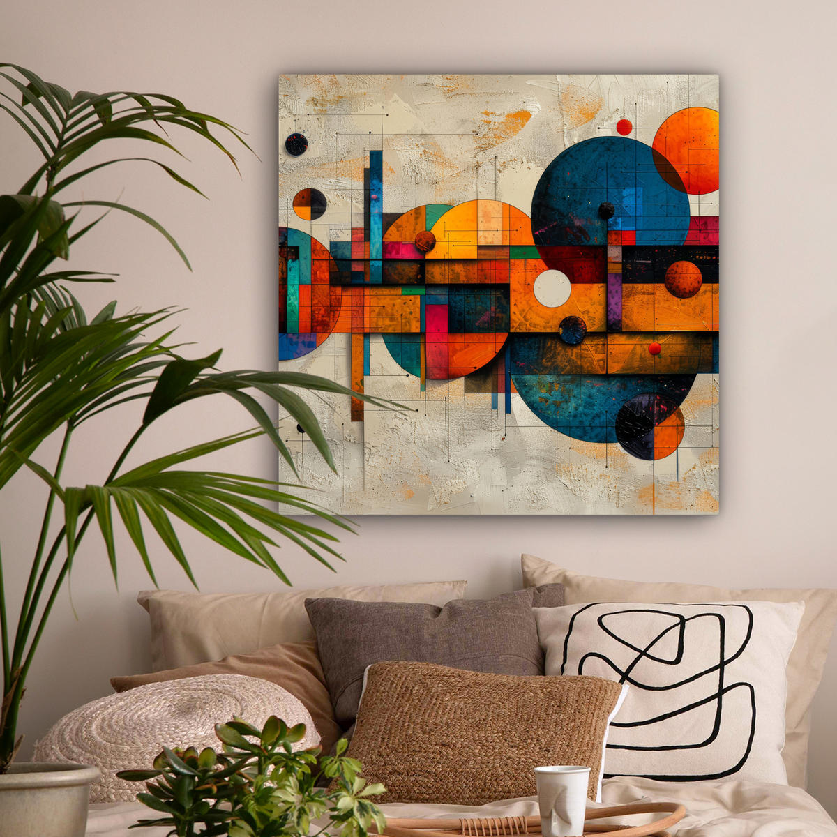 LEINWANDBILD - Vintage - Moderne Kunst - Orange - Geometrische Formen - 90x90 - Gemälde - Multicolor, Textil (90/90cm) - MuchoWow