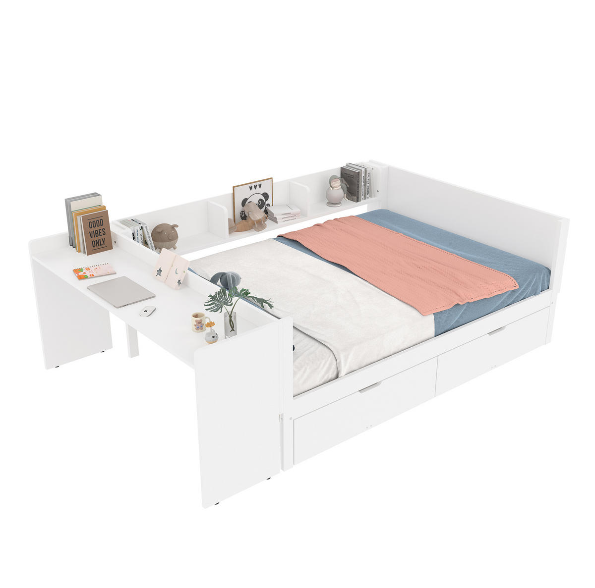 KINDERBETT aus Kiefer und Spanplatte 140x200 cm Weiß mit Schreibtisch, 2 Schubladen und 3 Regalen - Weiß, Holzwerkstoff (140/200cm) - Modfu
