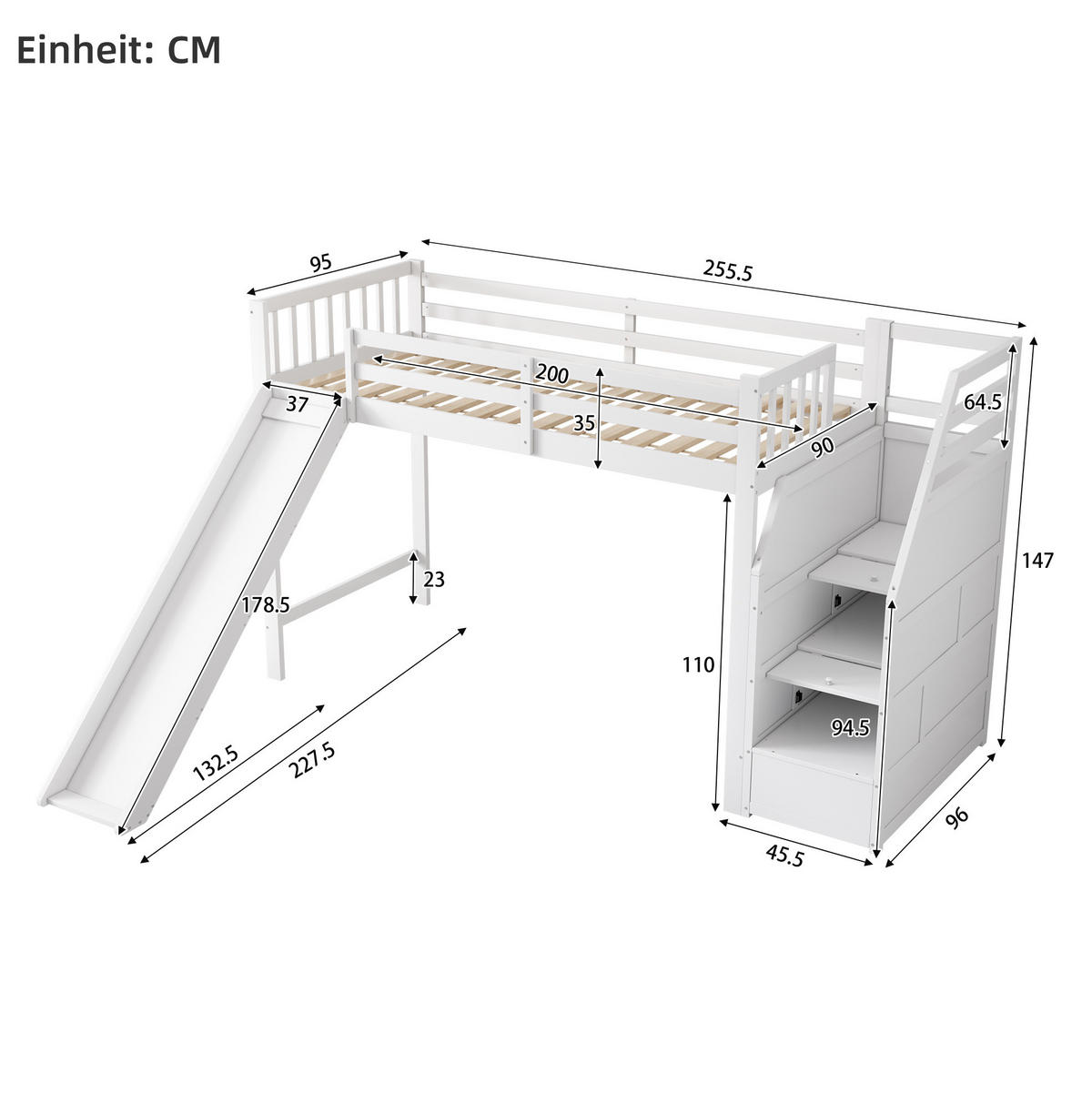 HOCHBETT 90/200 cm Weiß aus Kiefernholz und MDF mit Rutsche - Weiß, Holzwerkstoff (90/200cm) - OKMYHOME
