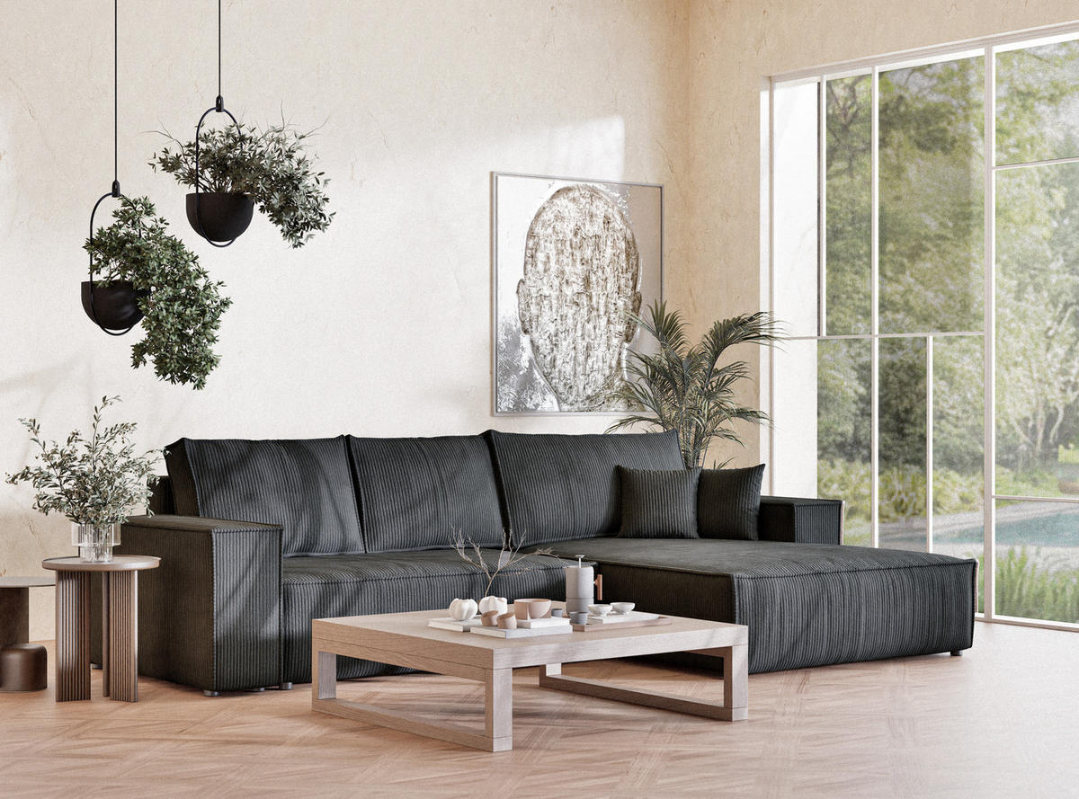 ECKSOFA MIT SCHLAFFUNKTION Maze Anthrazit Samtstoff - Anthrazit/Schwarz, Holz/Holzwerkstoff (294/185cm) - Maison de Reve