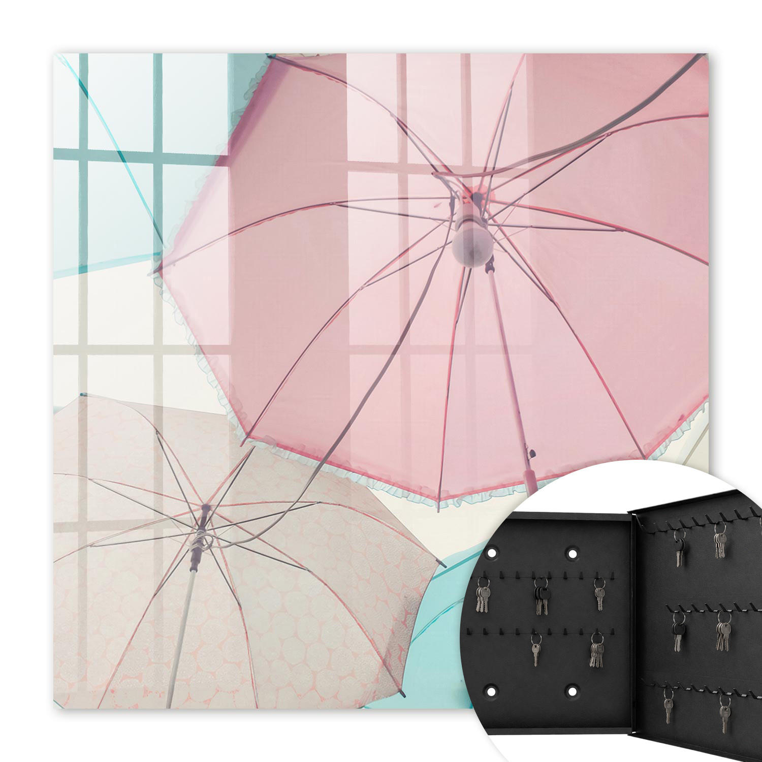 SCHLÜSSELBOX Schwarz 30x30 cm- Türöffnung nach rechts - Pastellfarbene Regenschirme - Pink, Metall (30/30/5cm) - TULUP