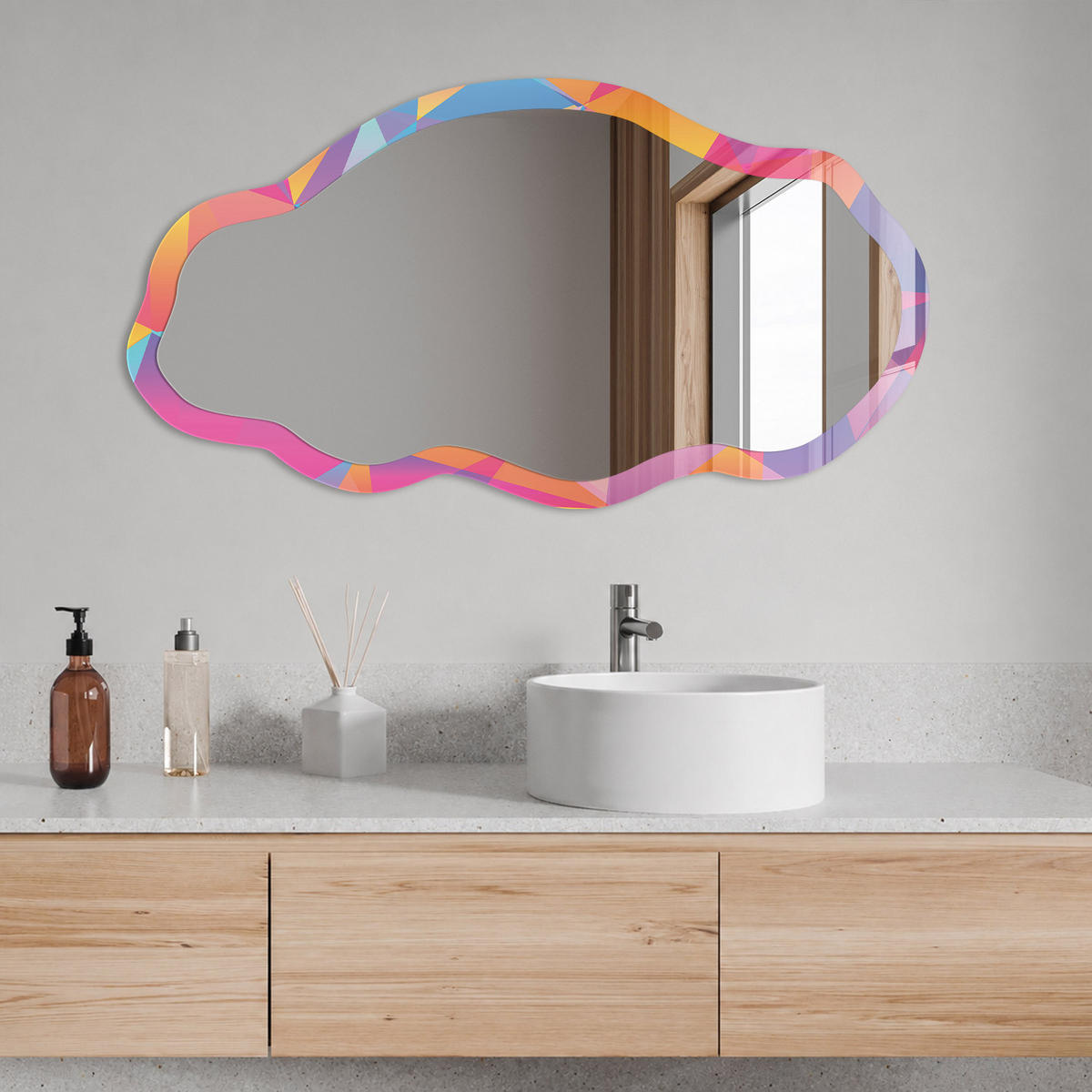 SPIEGEL 90x45 cm asymmetrisch mit Druck - Farbenfrohes Mosaik - Transparent, Glas (45/90/0.4cm) - TULUP