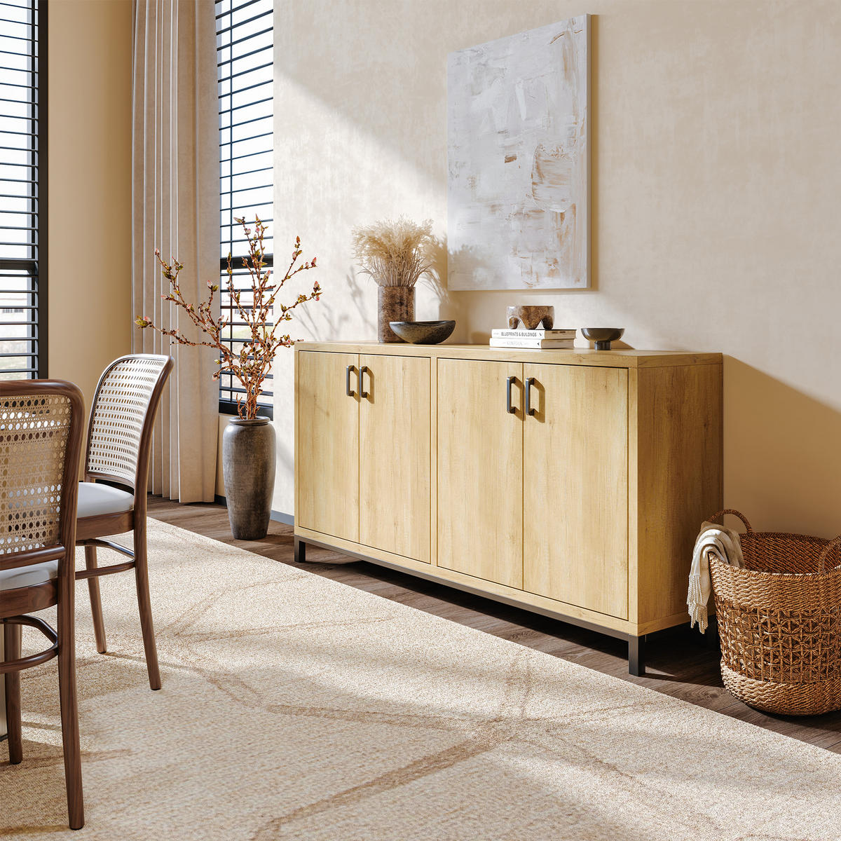 SIDEBOARD 160x35x80 cm Holzoptik 4 Türen Metallfüße - Naturfarben, Holz (160/80/35cm) - LEBENLANG