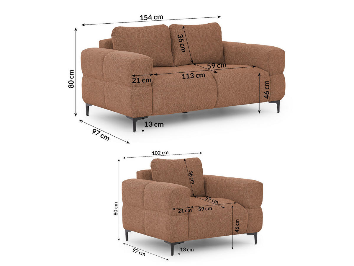 SITZGARNITUR 2+1 Cardea in Bubble-Optik aus weichem Terrakotta Strukturstoff mit hohem Sitzkomfort - Terracotta/Schwarz, Holz/Textil (154/80/97cm) - S-Style Möbel