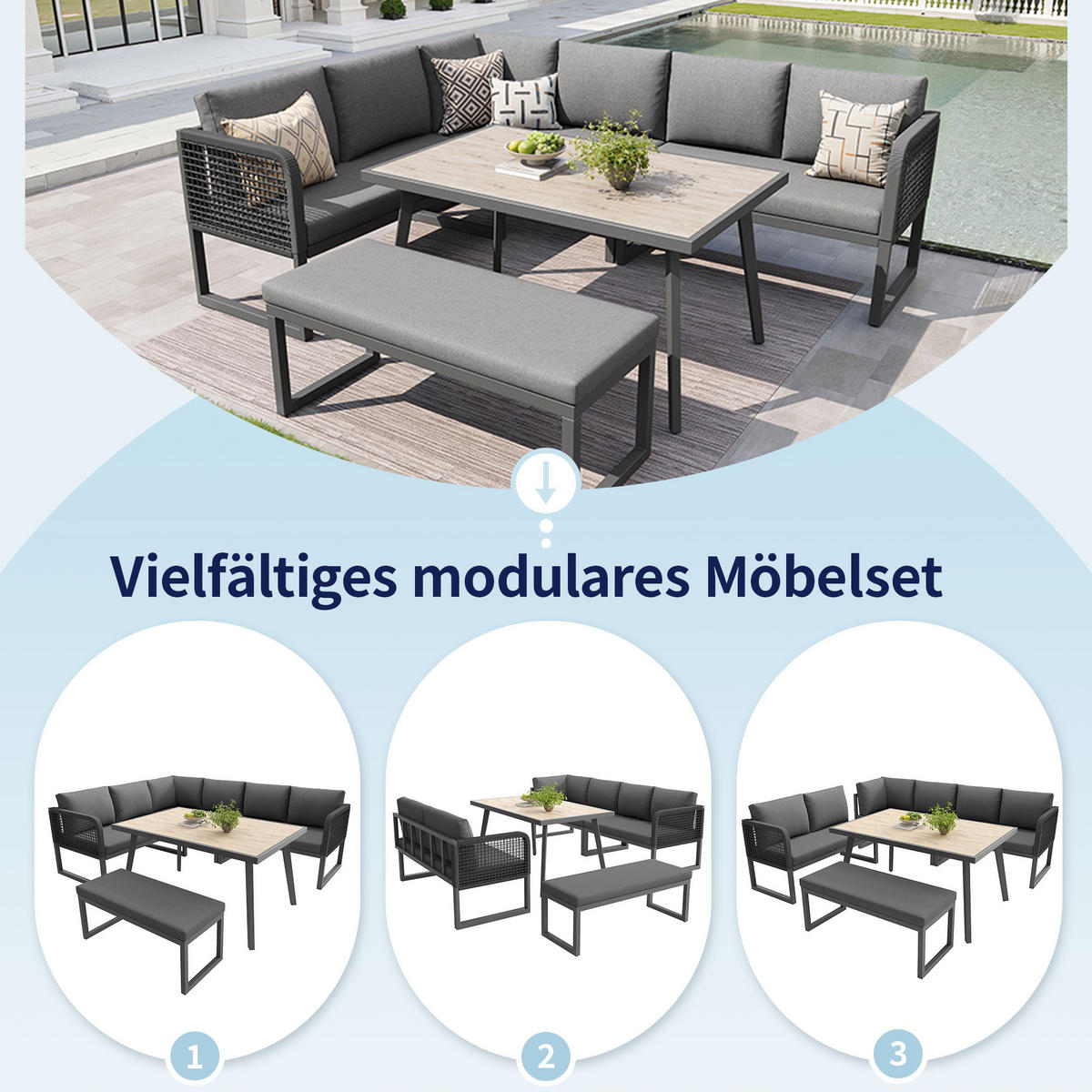 LOUNGESET 6-8 Personen PE-Rattan Grau Mit Hochwertigen Kissen - Grau, Metall - FLIEKS