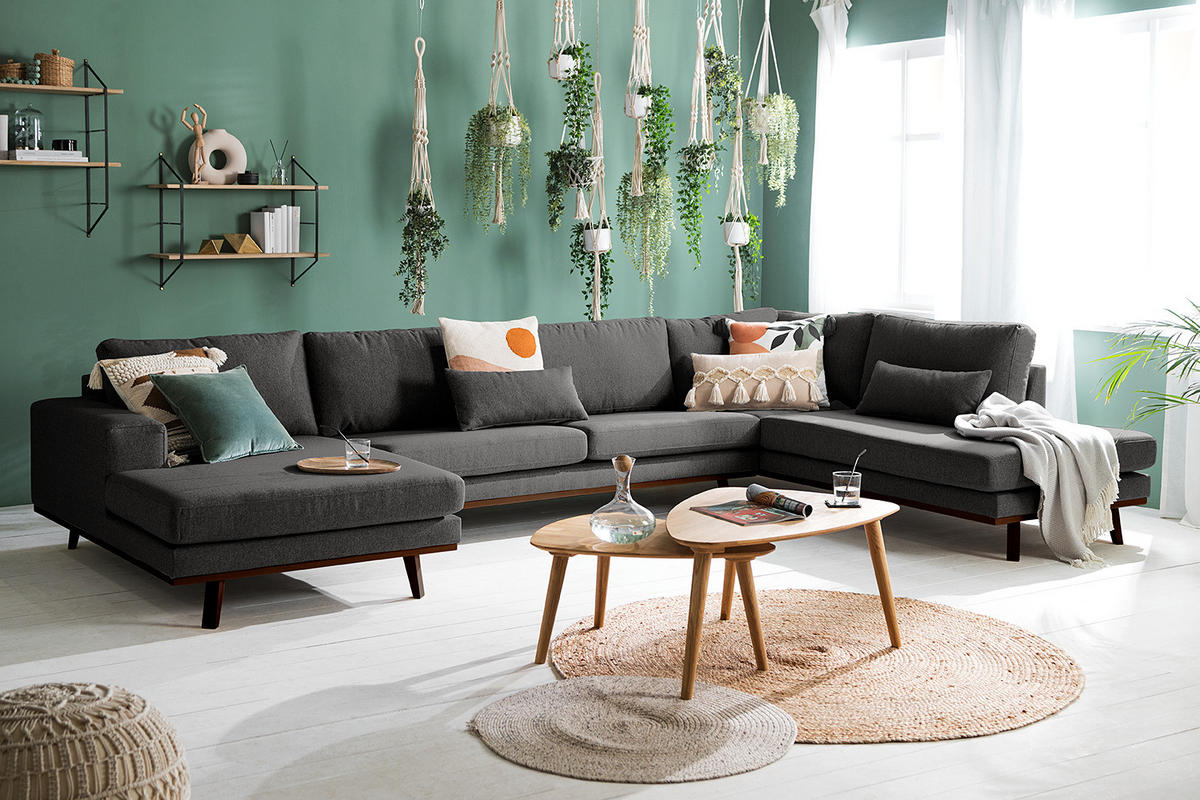 WOHNLANDSCHAFT mit Longchair - Dunkelgrau/Buchefarben, Textil (371/81/219cm) - home24