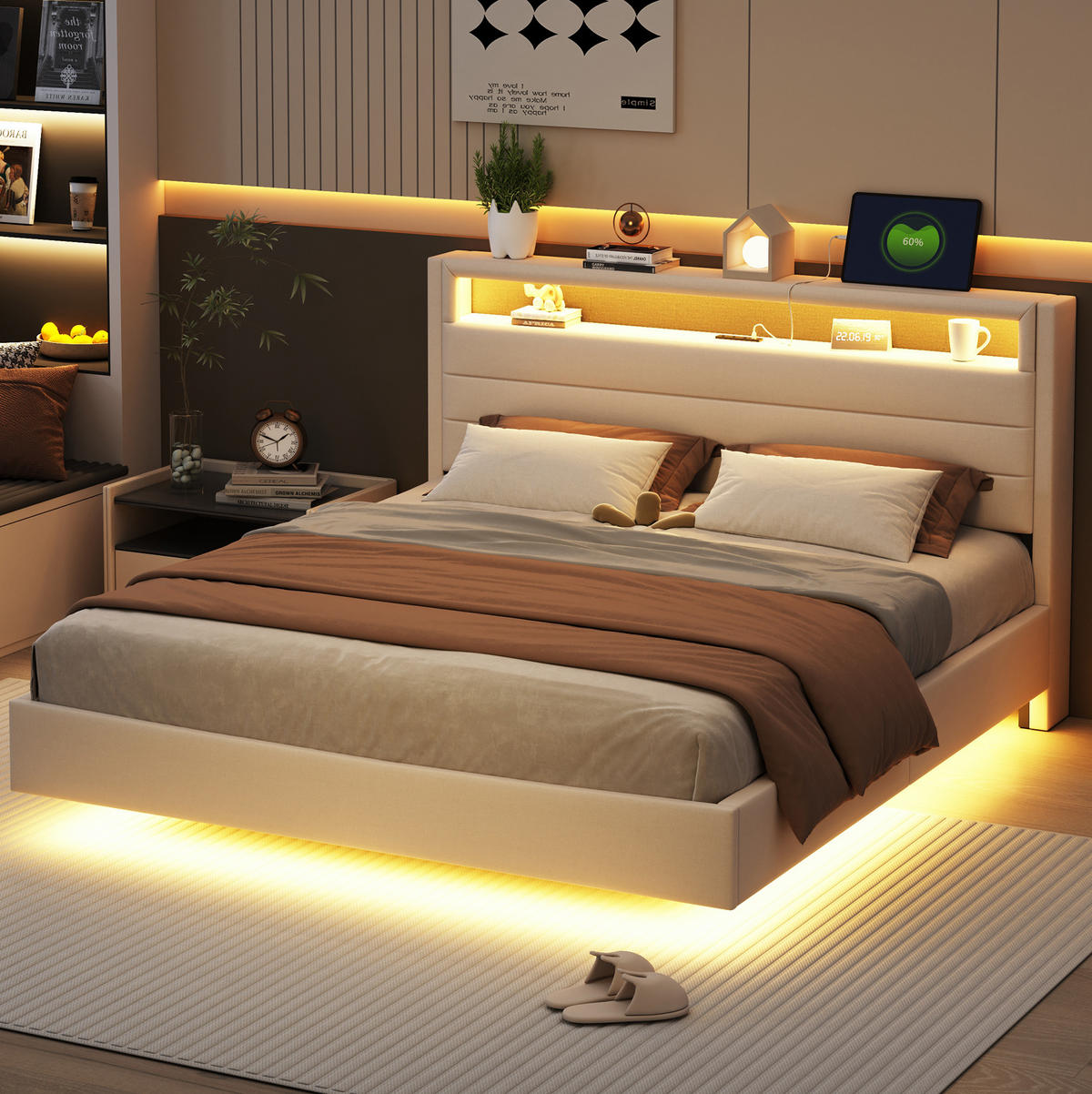 ČALÚNENÁ posteľ z látky 160x200 cm béžová s USB zásuvkou, LED osvetlením a úložným čelom - béžová, textil (160/200cm) - Modfu