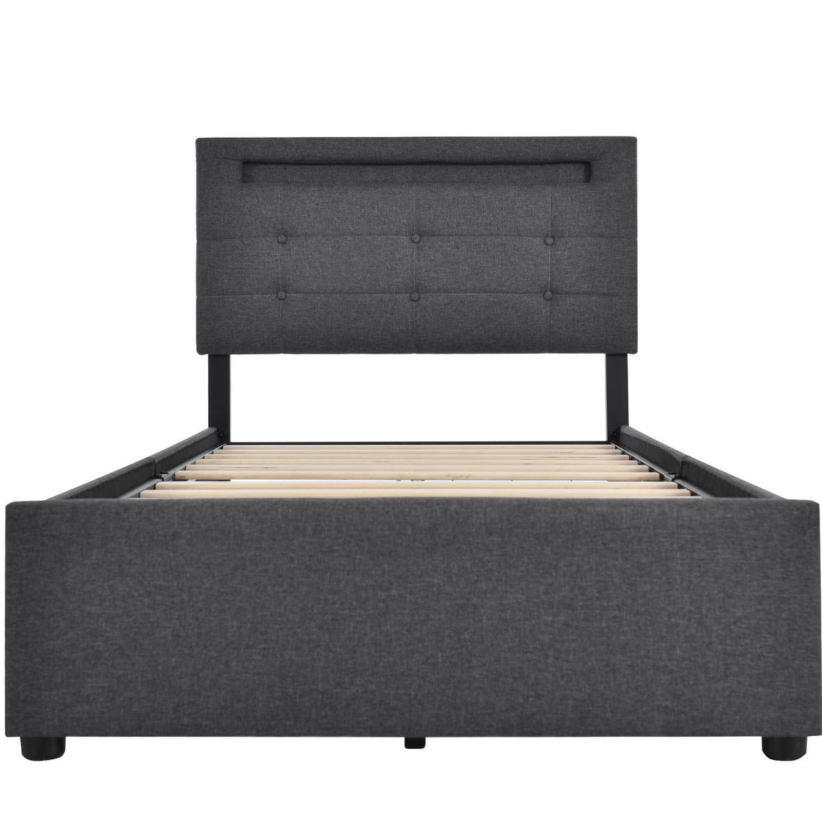 POLSTERBETT 90/200 cm Grau aus Leinen mit LED-Beleuchtung und 2 Schubladen - Grau, Textil (90/200cm) - OKMYHOME