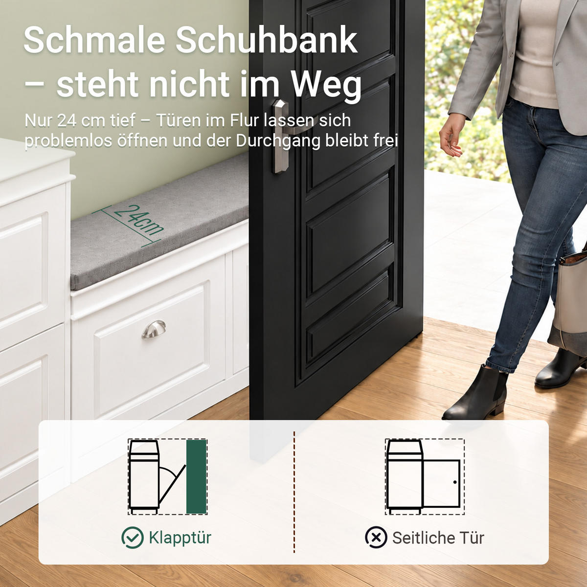 SCHUHBANK weiß, 104x52x24 cm, 2 Klappen für 8 Paar, Sitzpolster, bis 150 kg, schmal für Flur & Diele - Weiß, Holzwerkstoff (104/52/24cm) - SoBuy