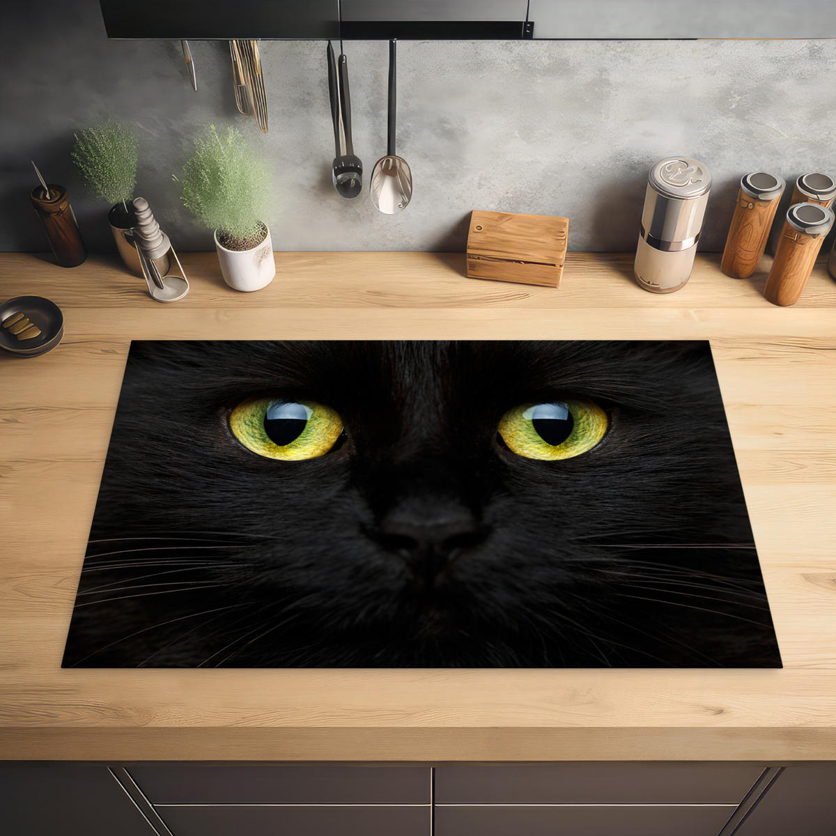 HERDABDECKPLATTE Katze - Augen - Gelb - Schwarz Induktionsschutz 81.6x52.7 cm - Schwarz, Kunststoff (81.6/52.7/0.2cm) - MuchoWow
