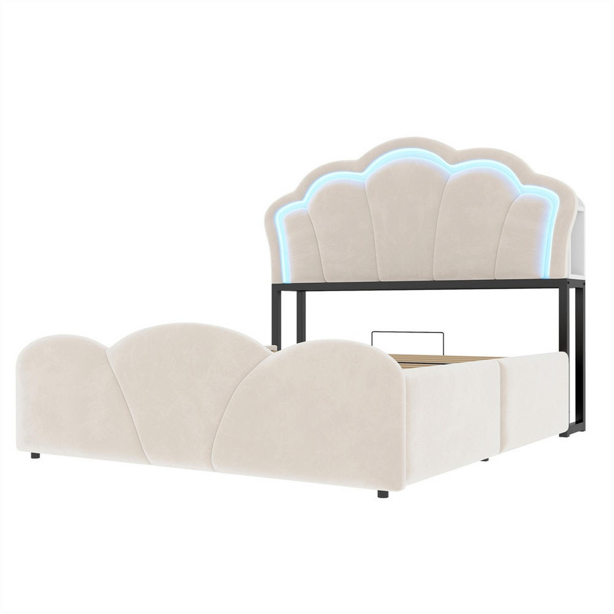 POLSTERBETT 140x200 cm mit hydraulischem Stauraum - LED Beleuchtung & Ladeanschluss - Beige - ohne Matratze - Beige, Textil (140/200cm) - DELFA
