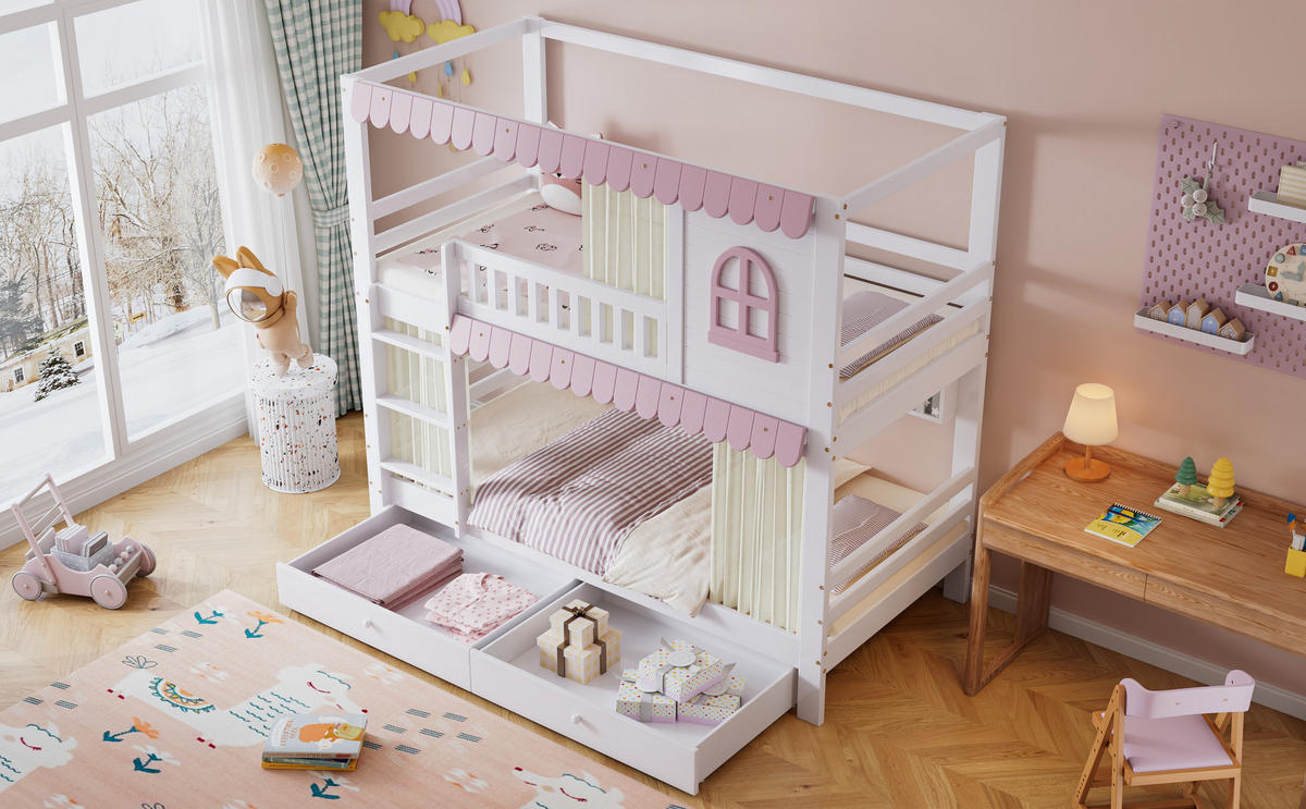 ETAGENBETT 90x200 cm aus Massivholz & MDF mit Regalen und Schubladen, weiß-rosa - Rosa, Holzwerkstoff (90/200cm) - Luhomfu