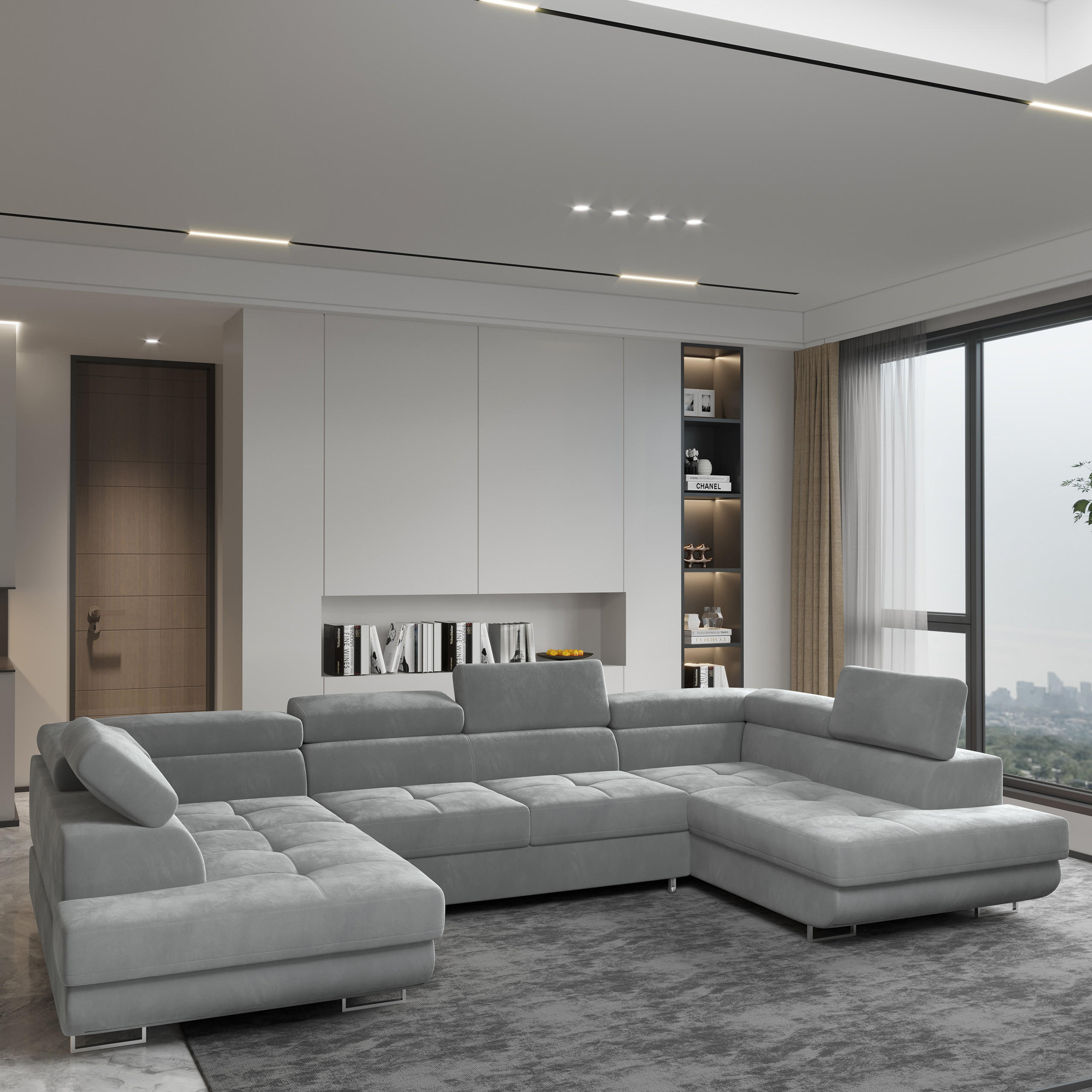 WOHNLANDSCHAFT RAGGIO Hellgrau Velours-Stoff mit Schlaffunktion - Hellgrau, Holz (336/90/202cm) - MASSENO