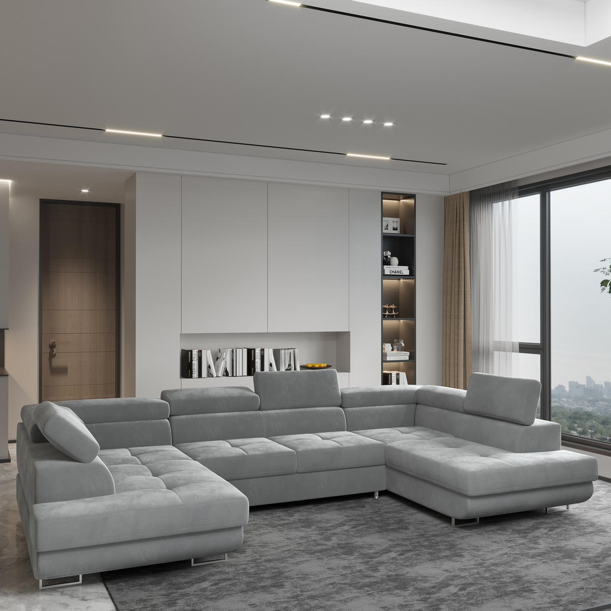 WOHNLANDSCHAFT RAGGIO Hellgrau Velours-Stoff mit Schlaffunktion - Hellgrau, Holz (336/90/202cm) - MASSENO