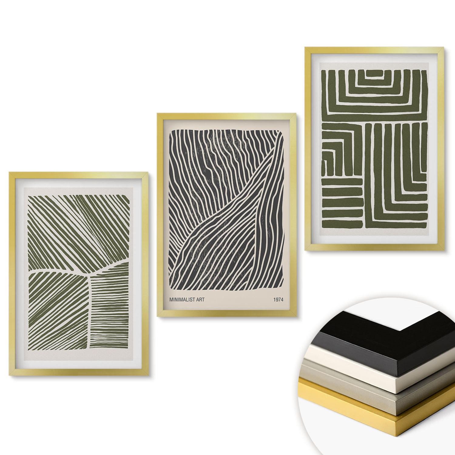 WANDBILDER 3er Set - 40x60 cm Goldrahmen - Muster Linien Formen grün - Goldfarben, Kunststoff (40/60cm) - ArtPrintCave