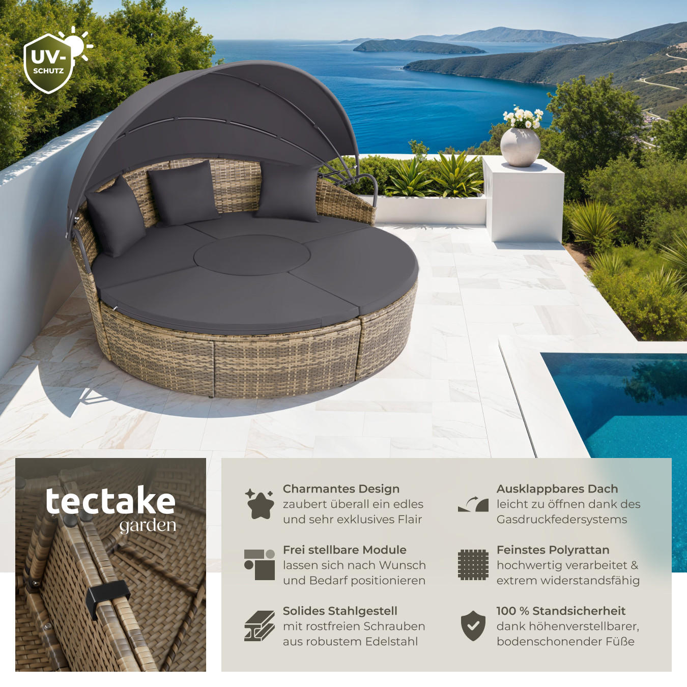 RATTAN SONNENINSEL Santorin,variabel aufstellbar,natur - Naturfarben, Kunststoff (171/136/175cm) - tectake