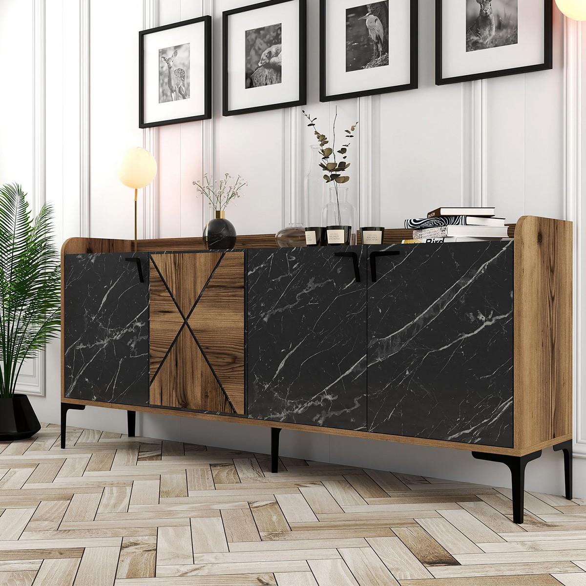 SIDEBOARD 4 Türen L180 cm - Venedik - Schwarz, Holzwerkstoff (35/78/180cm) - Calicosy
