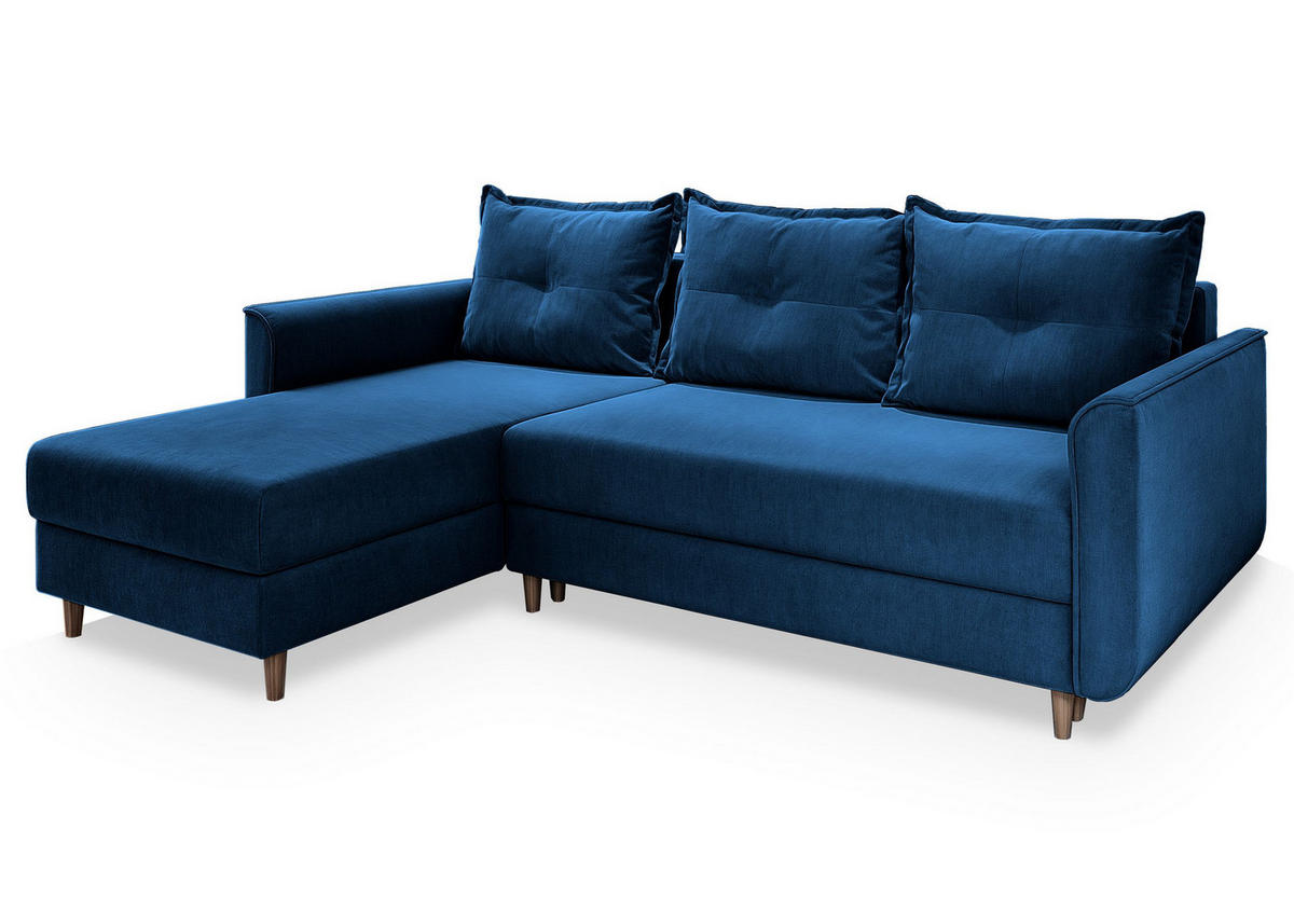 ECKSOFA PISAN R-S Blau Plüsch-Stoff mit Schlaffunktion - Blau, Holz (220/140cm) - MASSENO