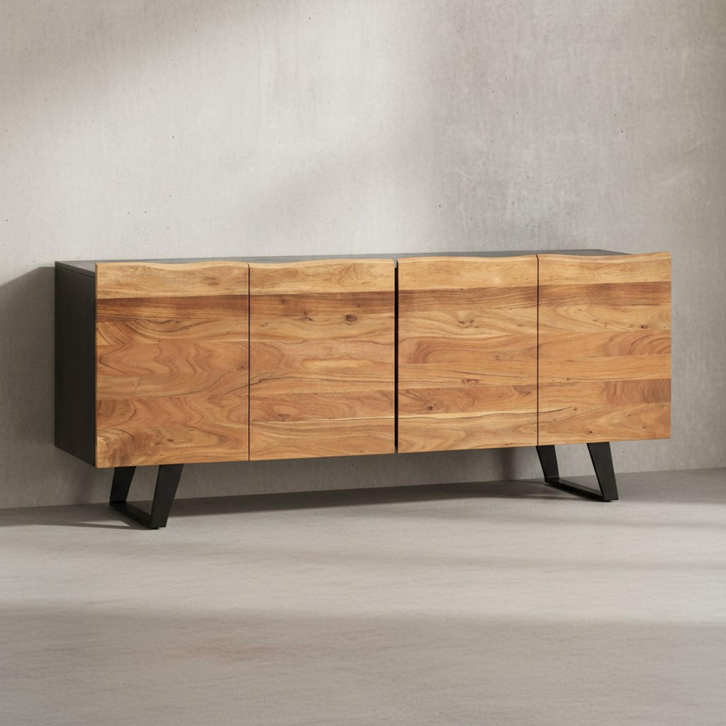 SIDEBOARD – Akazie Massivholz, 180x75x45 cm, mit Baumkante, Türen, Metallbeine - Schwarz, Holz/Metall (180/75/45cm) - KADIMA DESIGN