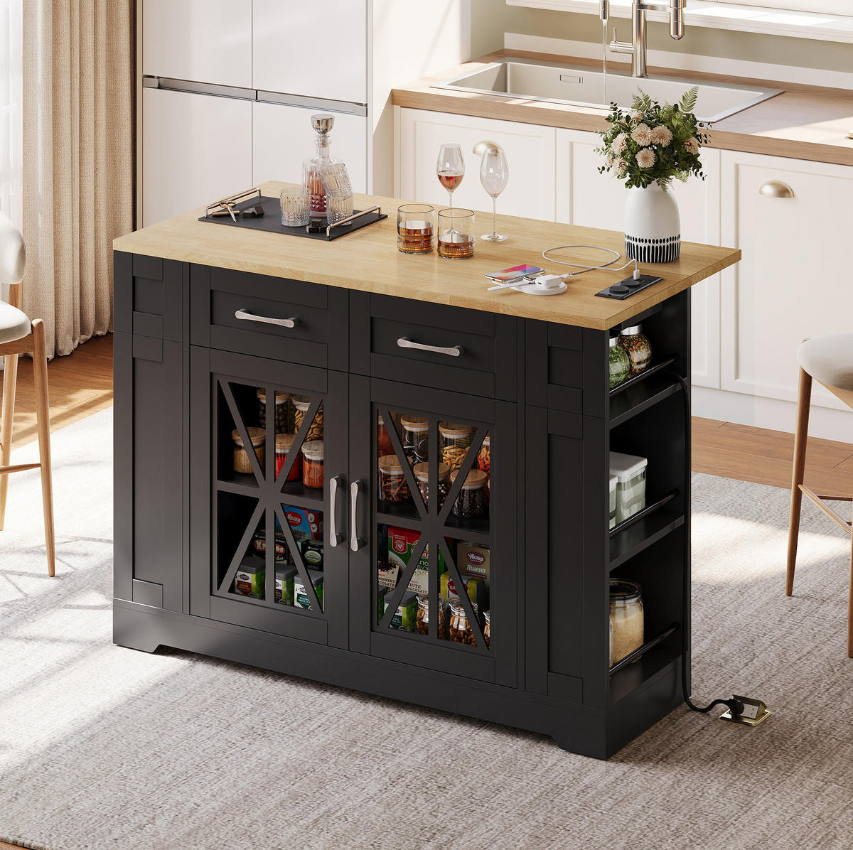 KÜCHENINSEL mit Klapptisch 120 x 40/65 x 92 cm MDF Black/Natural - Schwarz, Holz (65/92/120cm) - Beauniv