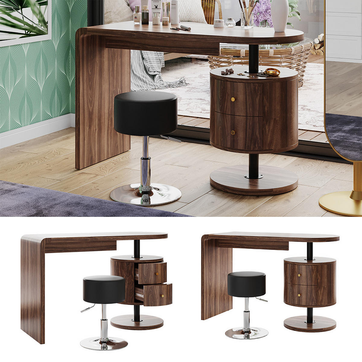 SCHMINKTISCH Lara Eiche rustikal 120 cm mit Hocker - Wildeiche, Holzwerkstoff (50/120/76cm) - Vicco