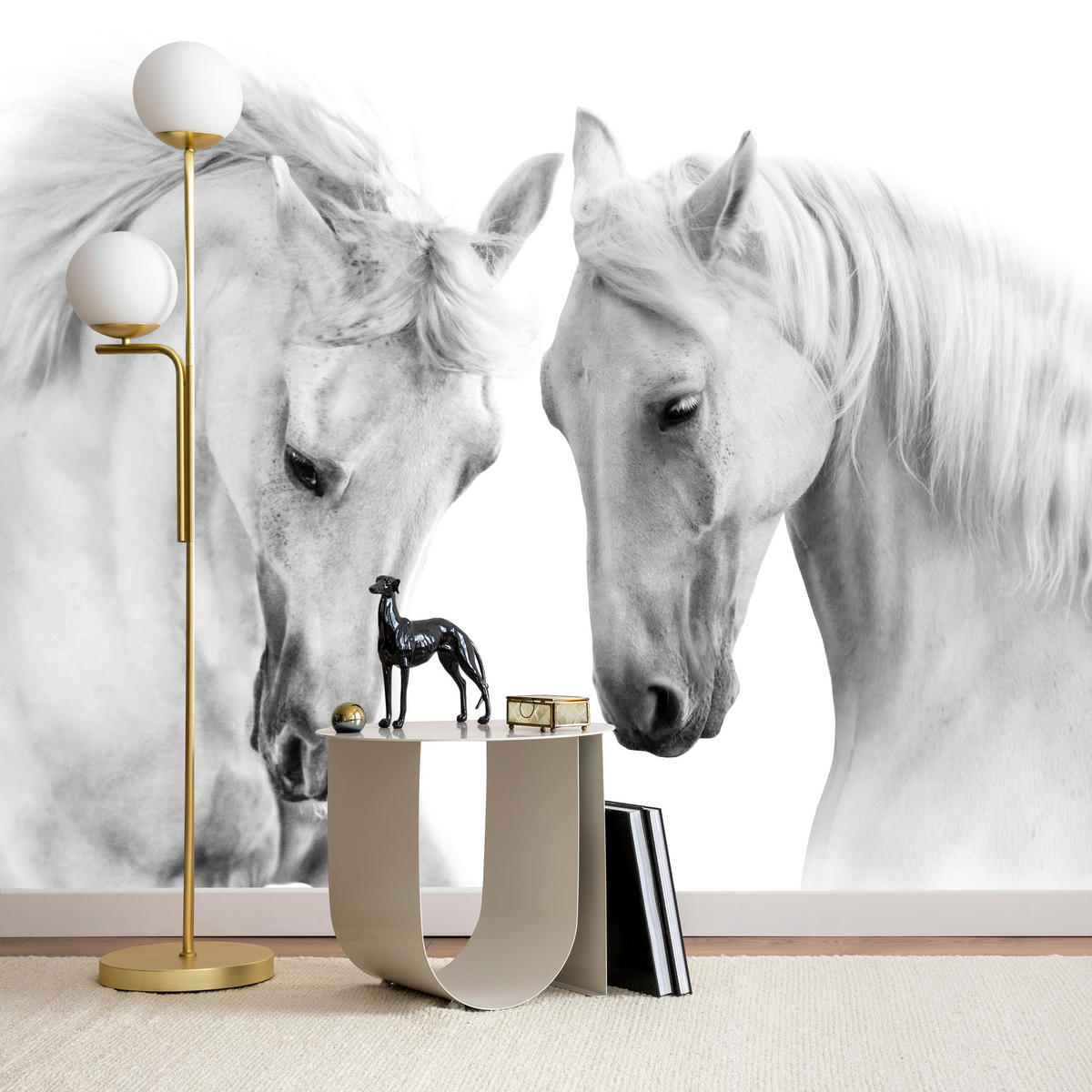 FOTOTAPETE für Schlafzimmer Weiße Pferde Grauer Hintergrund Eleganz Tierwelt 450x315 - Weiß/Grau, Papier (450/315cm) - Muralo