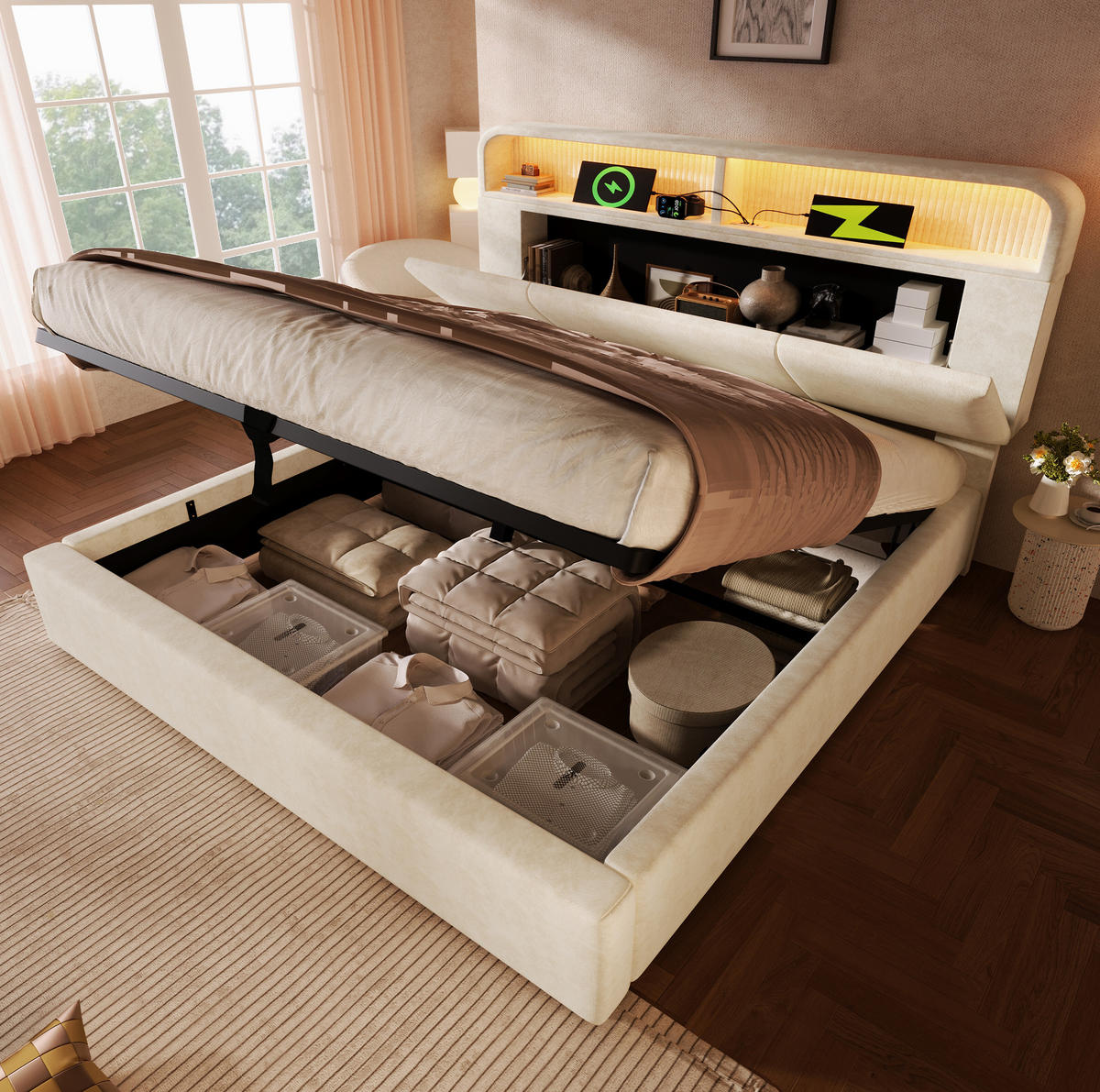 POLSTERBETT 180/200 cm Beige mit höhenverstellbarem Stauraum-Kopfteil mit LED-Beleuchtung & USB-Anschlüssen - Beige, Textil (180/200cm) - OKWISH