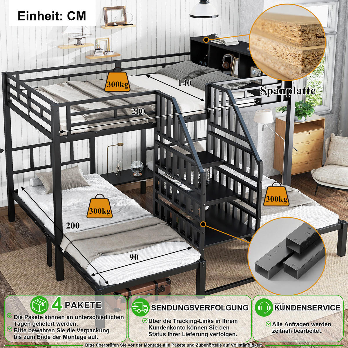 PATROVÁ POSTEL 90/200 cm & 140/200 cm v černé barvě s úložným prostorem - černá, kov (140/200cm) - CHICFURN