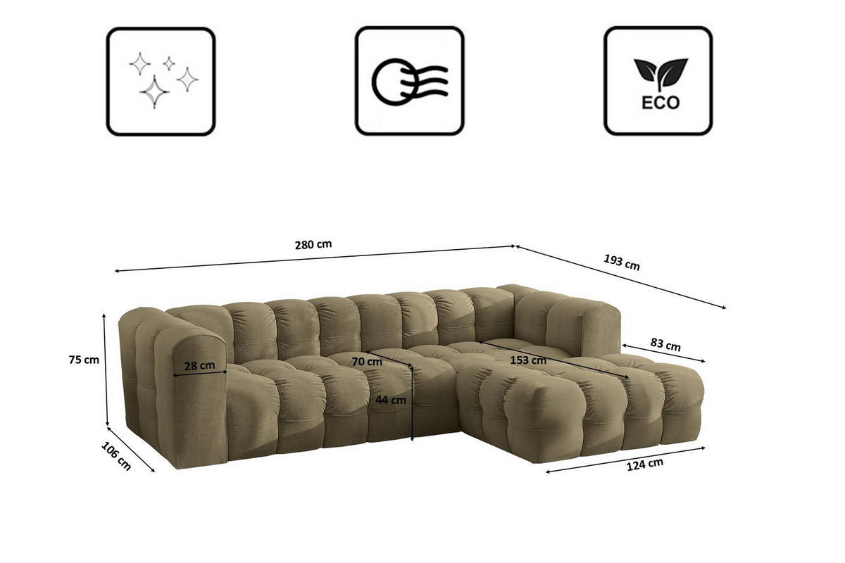 ECKSOFA L-form BALOO L, Chenille-Stoff Moly, Olive, Rechts - Olivgrün, Holz (280/193cm) - Kaiser Möbel