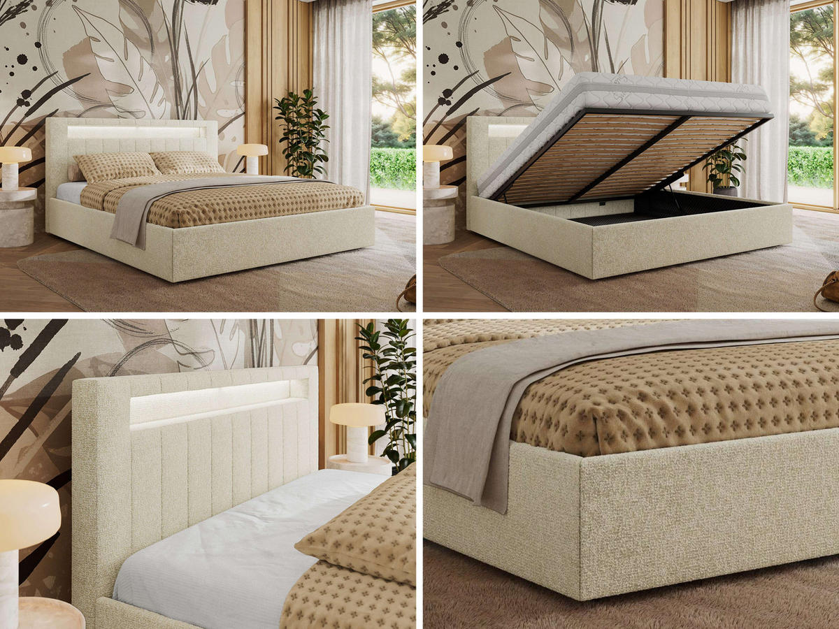 POLSTERBETT GOLD 5 CLASSIC 200/200 - Creme Strukture - Pocket-Matratze - Creme, Textil (200/200cm) - MKS