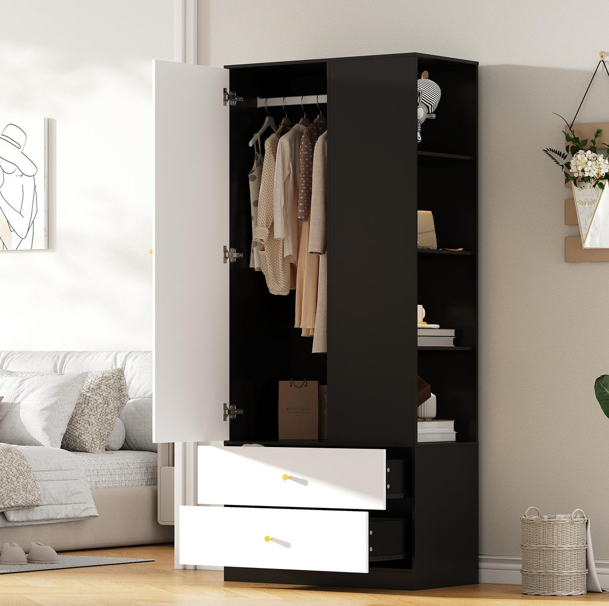 KLEIDERSCHRANK mit Spiegeltür, Kleiderstange & 2 Schubladen, 80/40/180 cm, Weiß/Schwarz - Weiß, Holzwerkstoff (80/180/40cm) - Redom