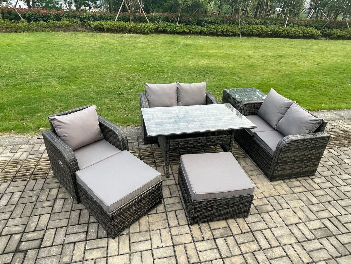 Gartenmöbelset mit Esstisch,Zweisitzer,Beistelltisch Polyrattan Dunkelgrau 7-Sitzer - Dunkelgrau/Grau, Glas/Kunststoff - Fimous