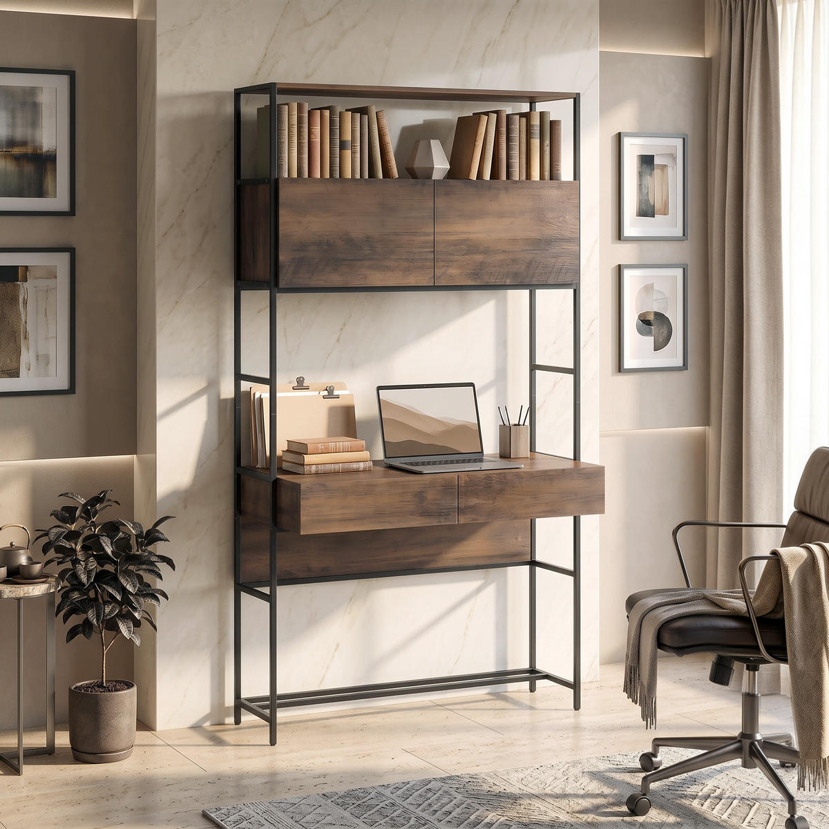 COMPUTERTISCH mit Regalen und Schubladen 185 cm hoch - Braun, Holzwerkstoff (45/100/185cm) - Gisaae