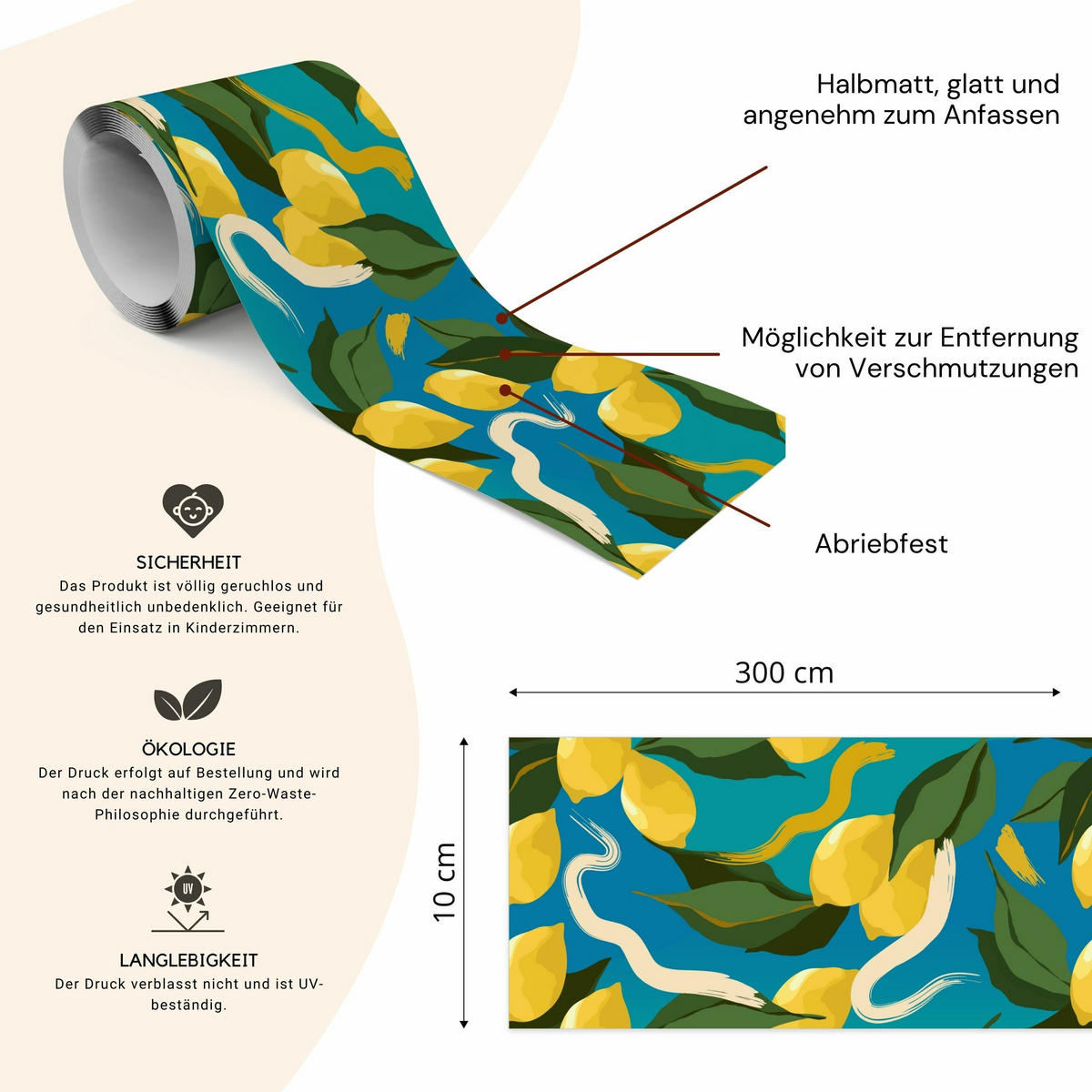 TAPETENBORDÜRE selbstklebend ZITRONEN Obst Blätter Natur für Küche - Blau/Beige, Papier (10/300/300cm) - Muralo