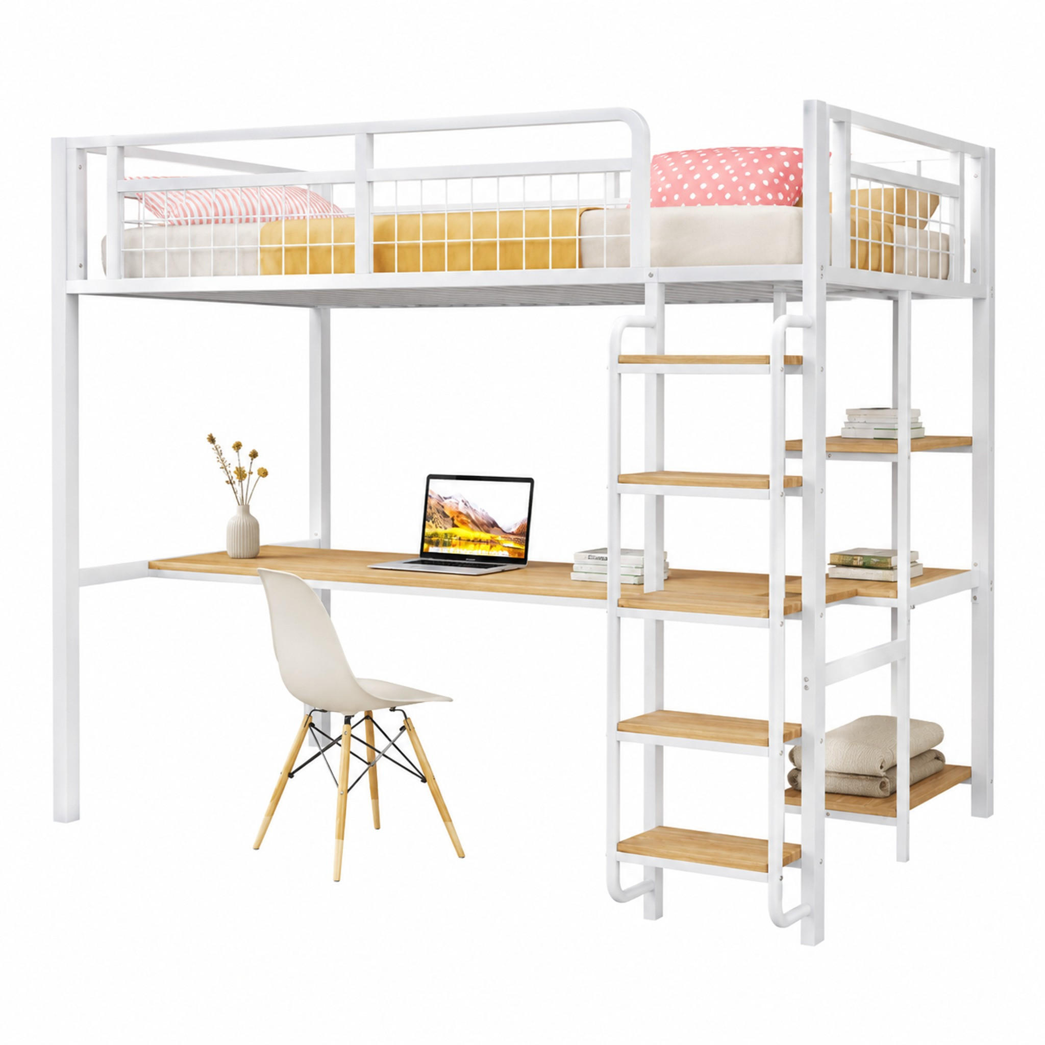 HOCHBETT mit Tisch und Regalen 90x200 cm Metall Weiß - Weiß, Metall (90/200cm) - Meubliv