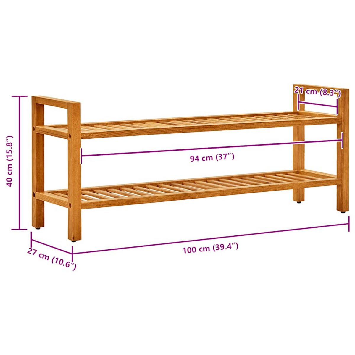 SCHUHREGAL Mit 2 Etagen 100/27/40 Cm Massivholz Eiche - Braun, Holz (100/40/27cm) - vidaXL