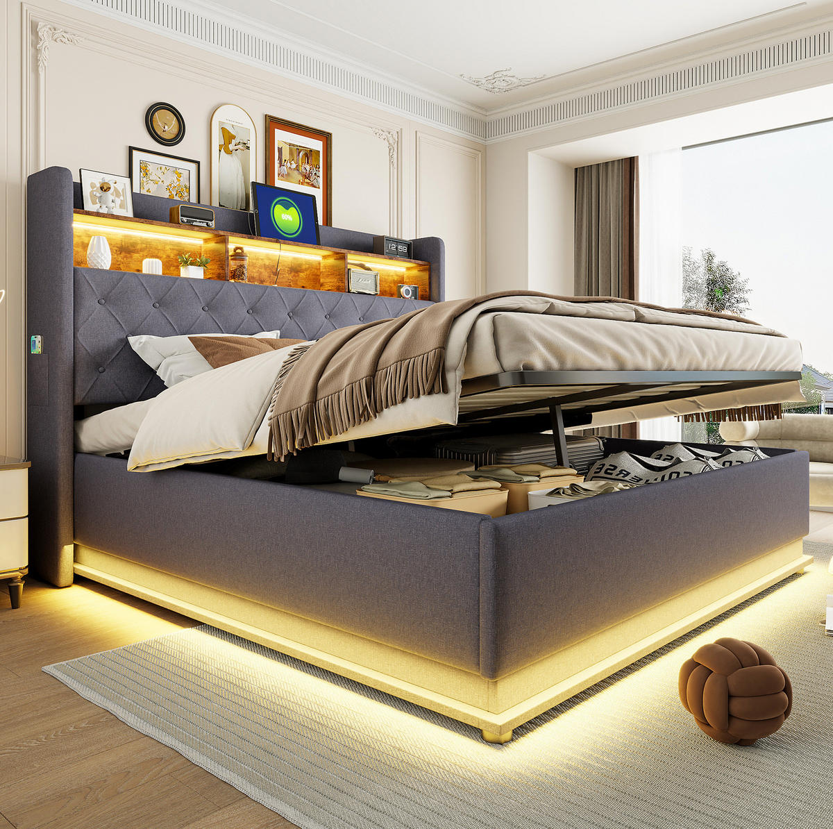 POLSTERBETT aus Leinenstoff 180/200 cm mit LED-Beleuchtung, USB-Anschluss und hydraulischem Stauraum, Grau - Grau, Textil (180/200cm) - Redom