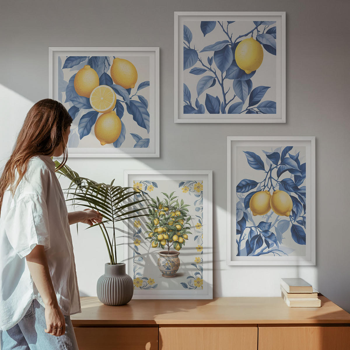 BILDER SET 4er Set - 50x50 cm & 40x60 cm Weißer Rahmen - Zitronenzweige mit blauen Blättern - Weiß, Kunststoff (50/50cm) - TULUP