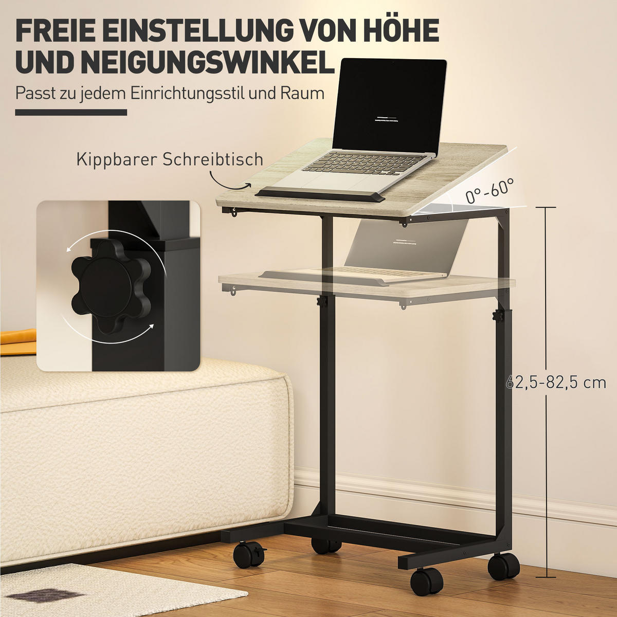 BEISTELLTISCH in C-Form, Eichefarben - Eichefarben, Metall (55/36/82.5cm) - HOMCOM