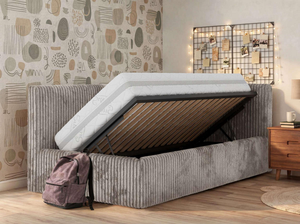 POLSTERBETT TILVO 90/200 - Hellbraun Cord - Schaumstoffmatratze - Rechts - Hellbraun, Textil (200/90cm) - MKS