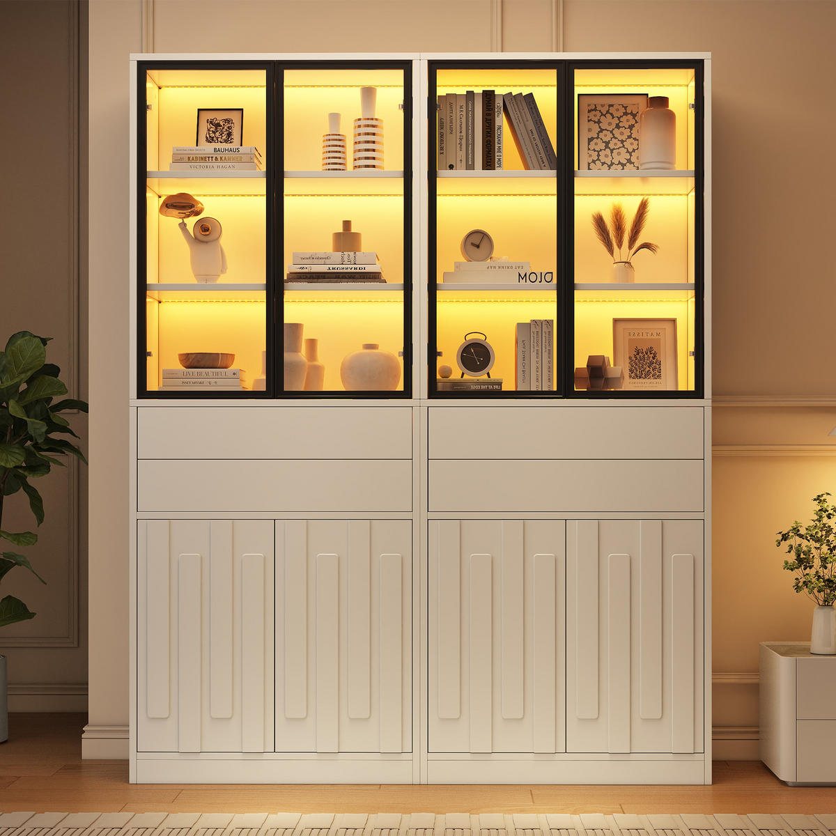 VITRINE 2er-Set 140x34x180 cm Weiß LED Glastüren - Weiß, Holzwerkstoff (140/180/34cm) - FLIEKS